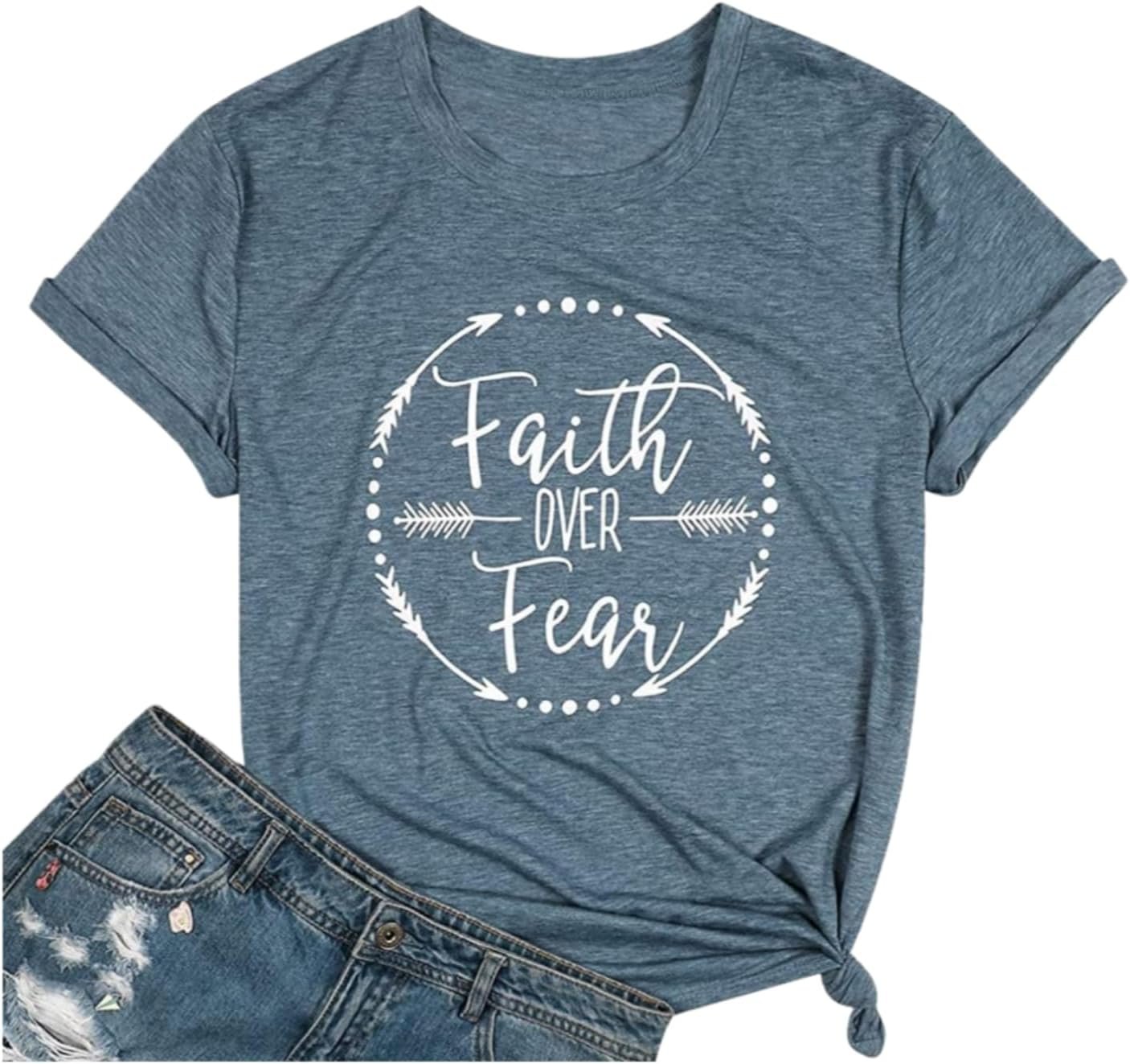 Qrupoad Womens Faith Over Fear Shirt Christian Tshirt Religious Inspirational Jesus God Graphic Tees Summer Casual Tops