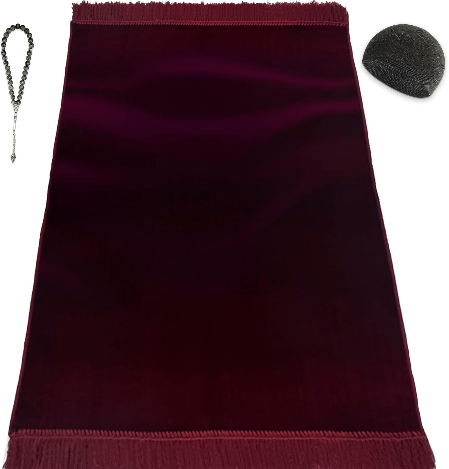 Velvet Prayer Mat Set (Gemstone 33 Prayer Beads – Black Kufi Hat – Elegant Case) – Luxurious Velvet Texture Plain Prayer Rug for Home and Travel – Exquisite Islamic Gifts for Women and Men