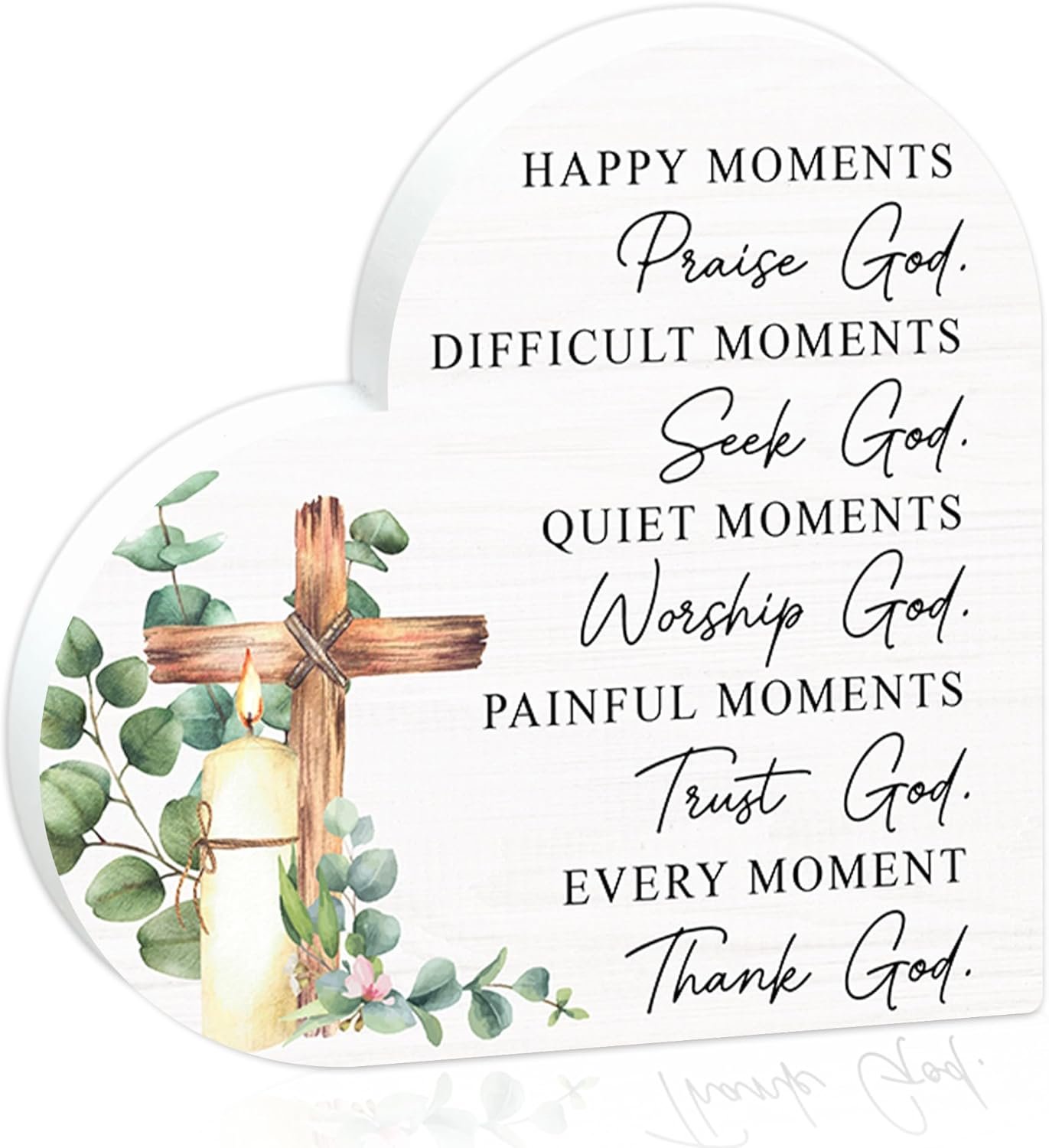 Happy Moments Praise God Difficult Moments Seek God Wooden Sign – Christmas Valentines Christian Gifts For Women, Family, Friends – Inspirational Bible Verse Heart Shape Pinewood Block Decor For Home, Office Table – B07