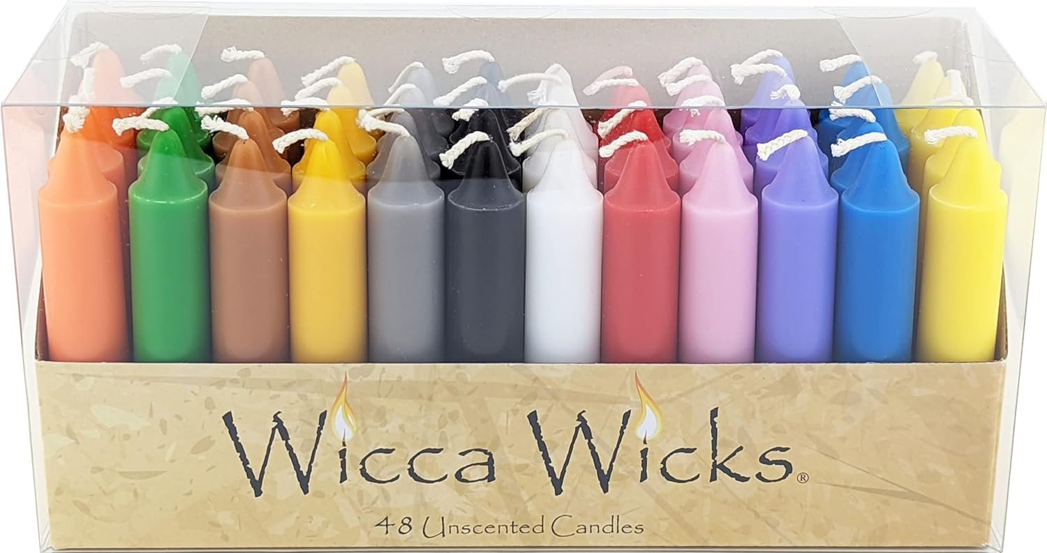 Box of 48 Colored Candles | 4 inches Tall & 3/4 inch Diameter | Witchcraft Supplies for Your Personal Wiccan Altar, Spells, Charms & Intentions | Witchy Room Decor | Taper Candlesticks