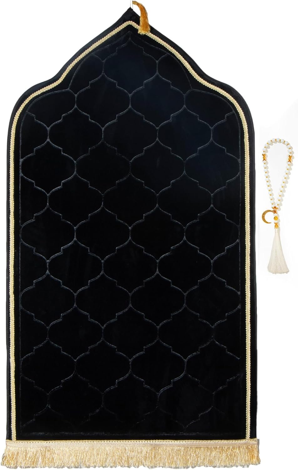 Muslim Prayer Rug with Tasbih Prayer Beads, Soft Memory Foam Prayer Matt Islam, Padded Islamic Prayer Mat Thick for Men and Women, Janamaz, Sajadah (25.6″ x 43.3″, Black)