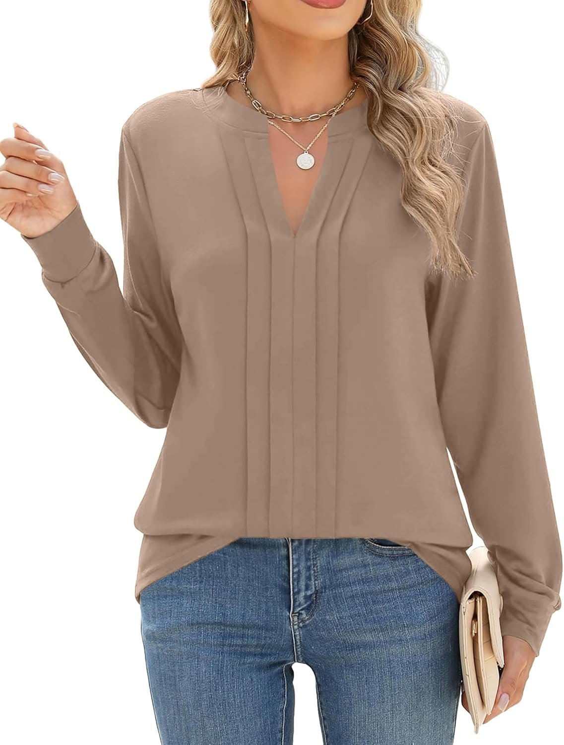 Zeagoo Womens Long Sleeve Tops Henley V Neck Shirts Pleated Blouses Dressy Casual Fall Loose Tunic Tops 2025 Basic Tees