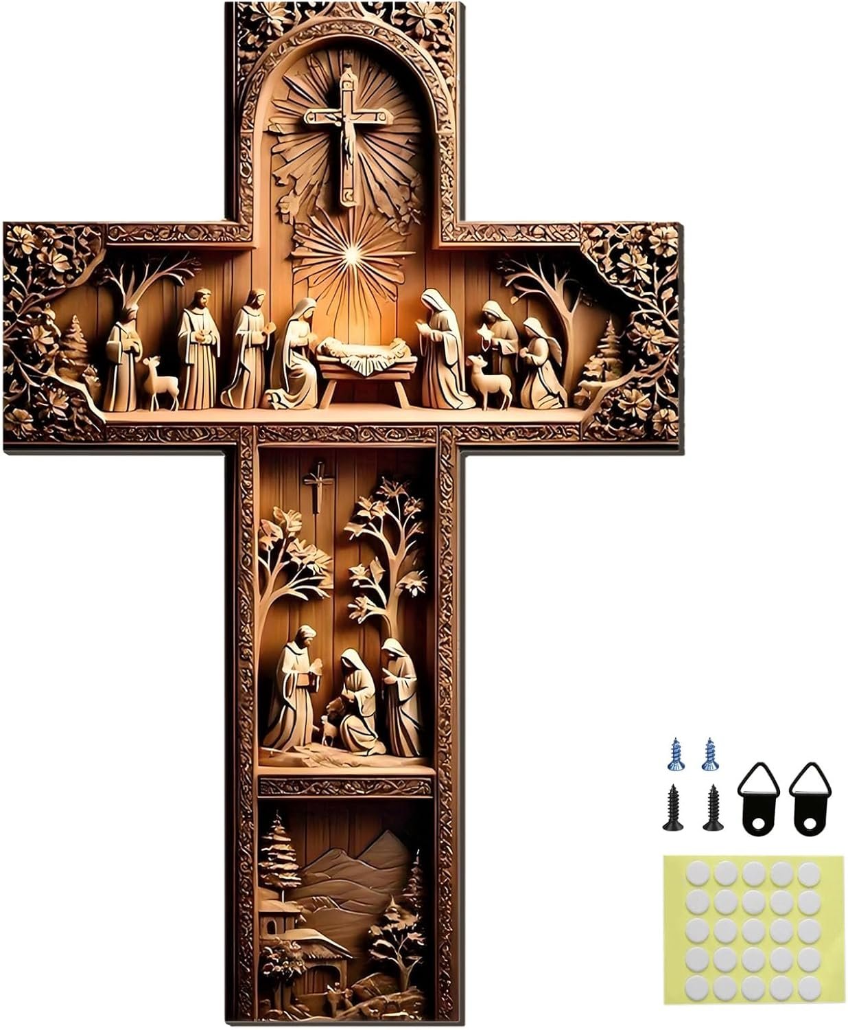Goodangie00 Wooden Cross Wall Decor – 11.8″ Vintage Christian Blessed Wall Art Decor, Nativity Scene Hanging Decoration for Garden Home Living Room Bedroom, Entryway, Prayer Room Gift