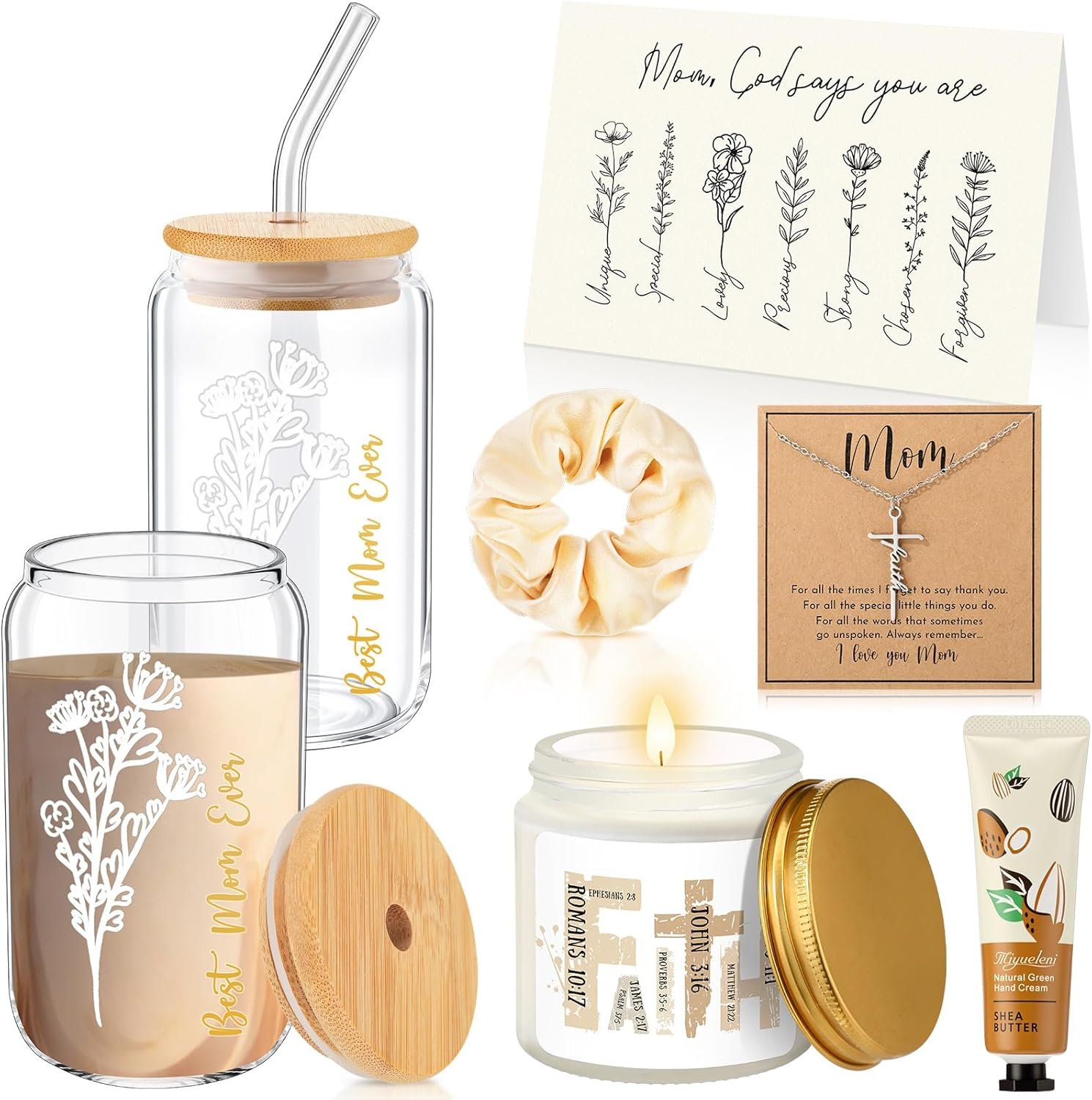 10 Pcs Christian Gifts for Mom Faith Religious Bible Box Gift Set for Mother Women Glass Cup Candle Cross Necklace Hand Cream Hair Tie Greeting Card Birthday(White)