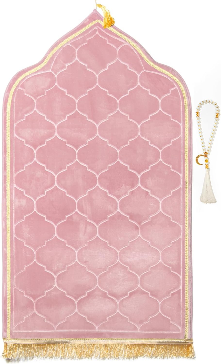Muslim Prayer Rug with Tasbih Prayer Beads, Soft Memory Foam Prayer Matt Islam, Padded Islamic Prayer Mat Thick for Men and Women, Janamaz, Sajadah (25.6″ x 43.3″, Pink)