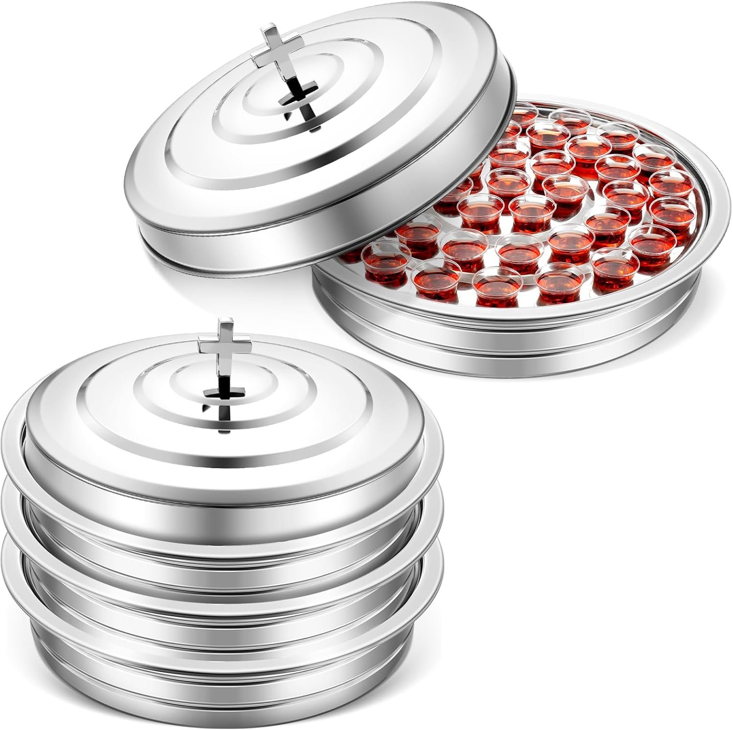Jingmore Communion Ware 3 Holy Wine Serving Trays with 1 Cover Stainless Steel Communion Supplies Silver Trays for Churches Holy Ware Sets(Silver)