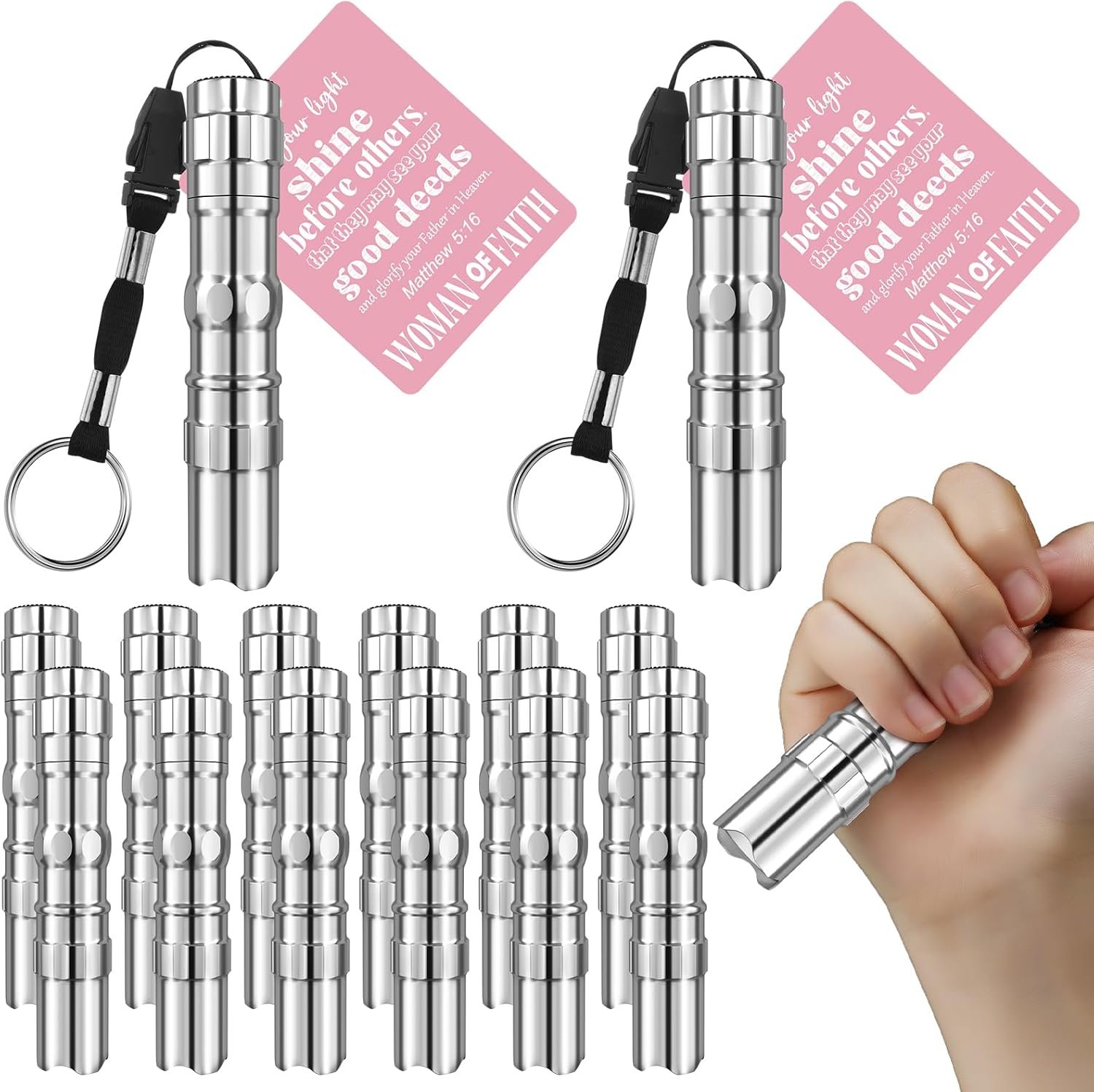 Tujoe 12 Sets Christian Gift for Women Bulk Woman of Faith Flashlight Keychains with Bible Verse Card Religious Illumination Gifts Inspirational Keychains for Church Supplies, Not Include Battery