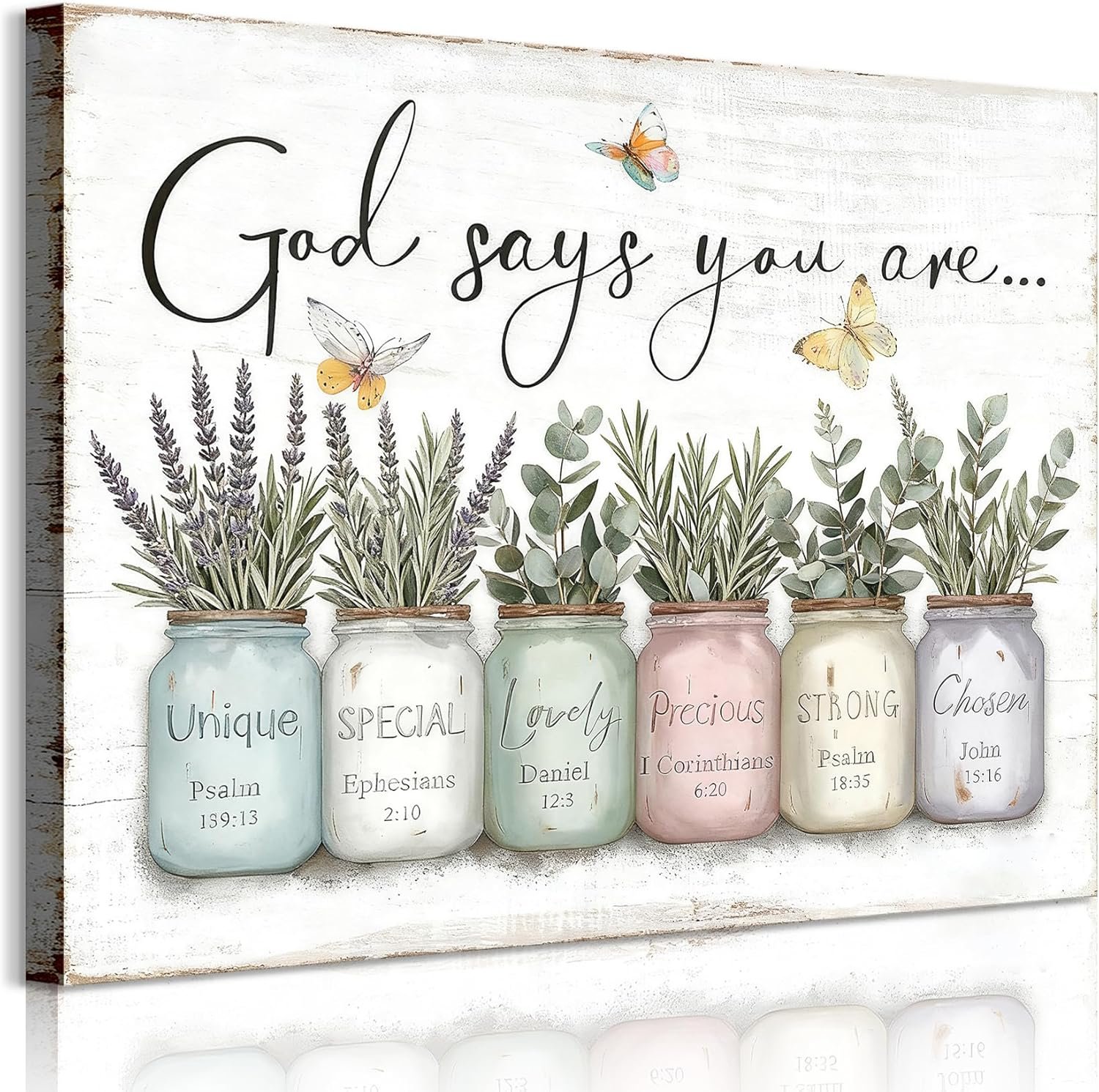 Inspirational Bible Verse Wall Art God Says You Are Sayings Wall Decort Christian Gift Quotes Painting scripture Pictures Print Flowers in Mason Jar Poster for Women Girls Bedroom(16×12 Canvas)