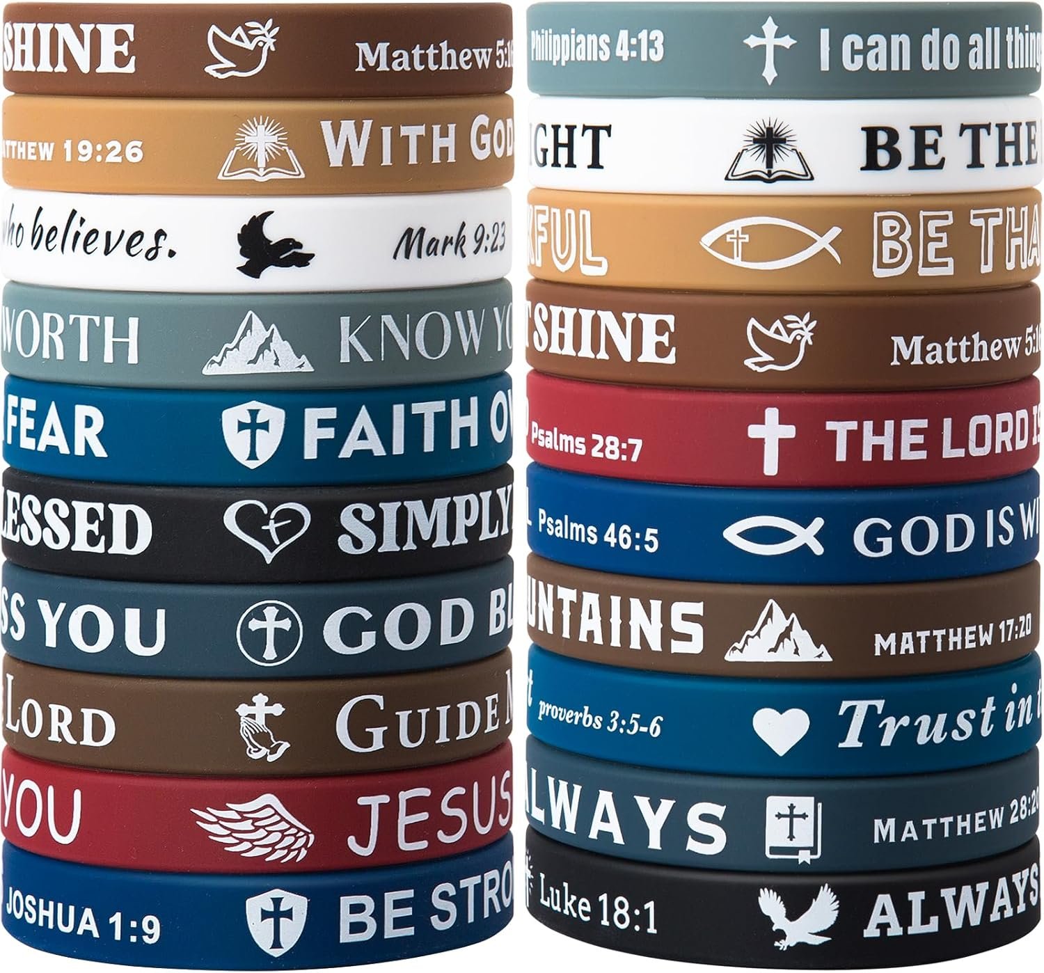 Bible Verse Bracelets – 20 Pcs Silicone Bulk Jesus Wristbands – Cute Christian Colored Bracelet – Comfortable and Lightweight – Perfect Religious Gifts for Men, Women