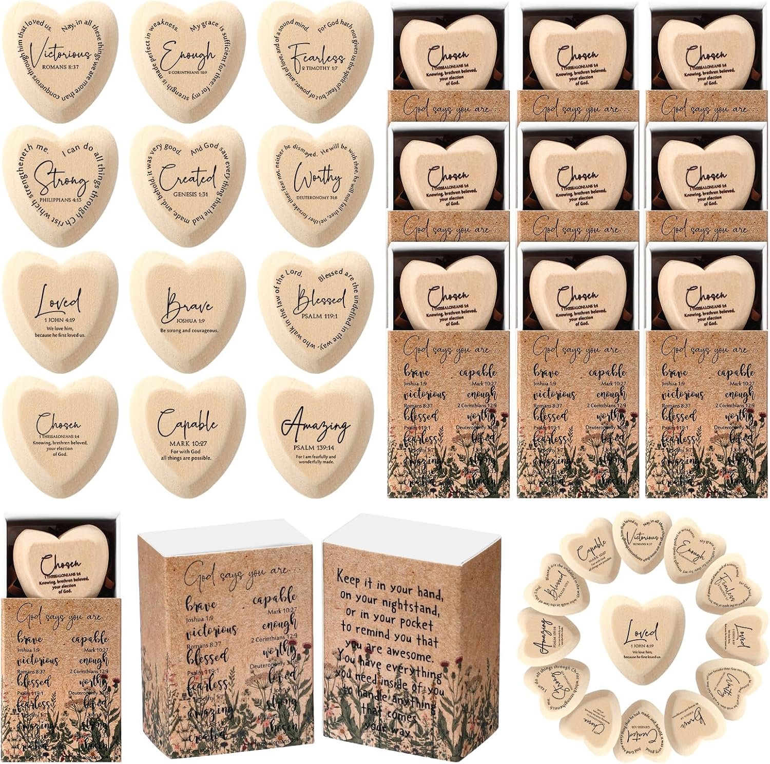 Yalikop 24 Sets Father’s Day Christian Gift Bulk God Say You Are Wooden Religious Pocket Hug Heart Bible Verses Pocket Hug Token God Bless Party Favors Scripture Gift for Women Men Church (Wood Color)