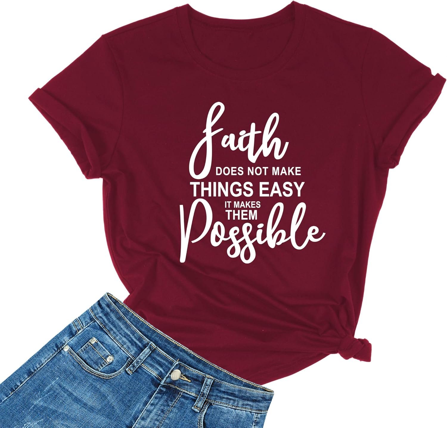 MIMOORN Women’s O Neck Faith Letter Print T-Shirts Short Sleeve Graphic Tees Tops