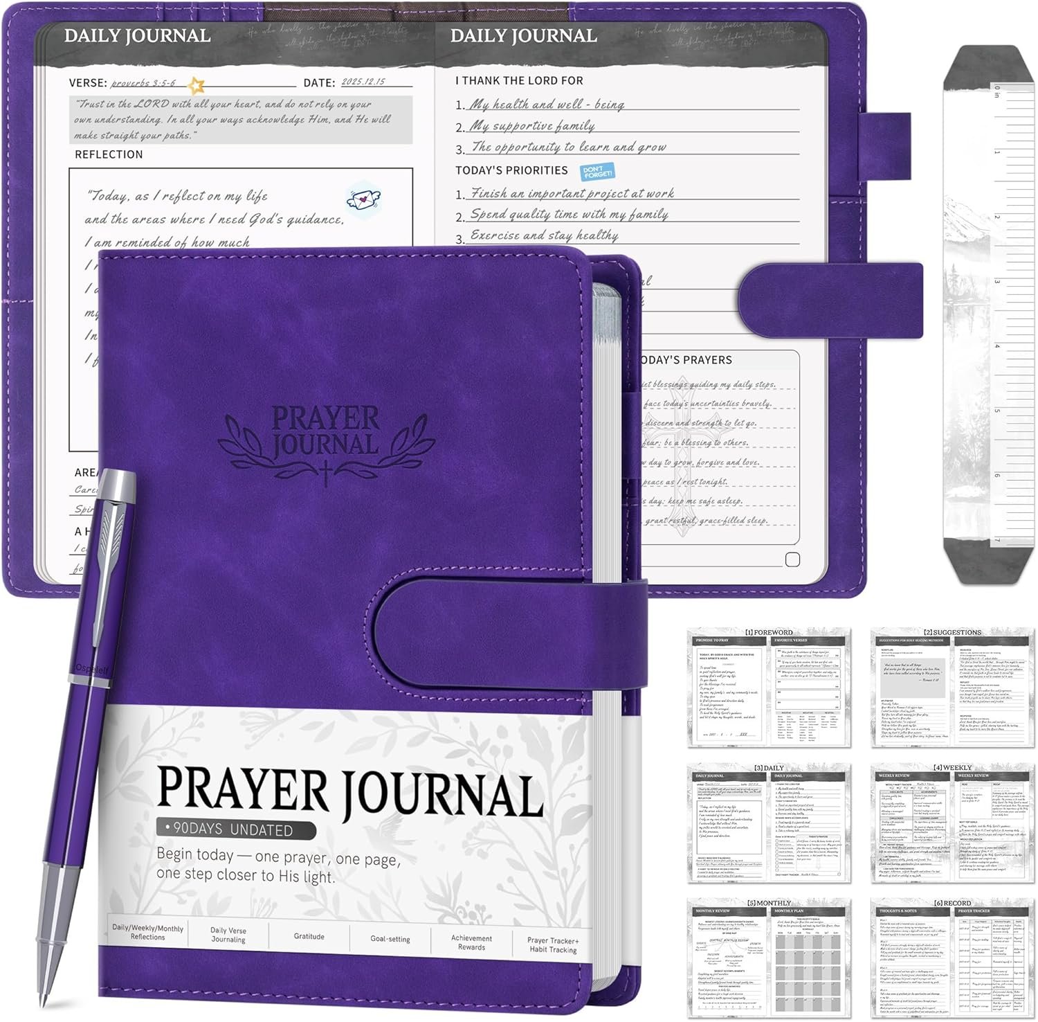 Ospelelf Purple Faux Leather Daily Prayer Journal for Women – Gratitude Journal Bible Study Guided Notebook Planner, Gifts for Christian, Undated 3 Month
