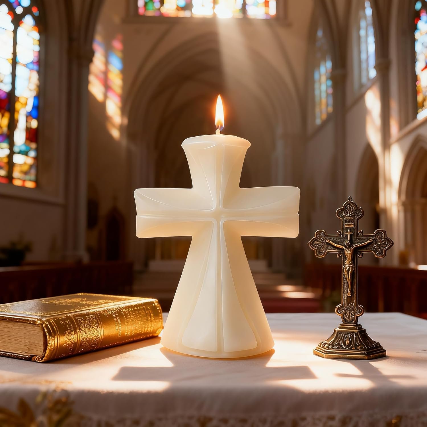 Cross Shaped Scented Candle,Vintage White Carved Soy Wax Christian Prayer Candle,Floral Smokeless Religious Theme Decorative Candle for Meditation,Altar & Home Blessing