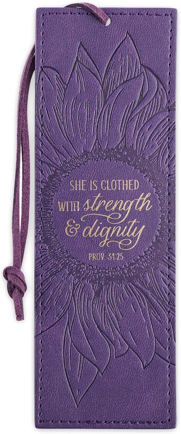 Christian Art Gifts Vegan Leather Scripture Bookmark for Women: Strength and Dignity – Proverbs 31:25 Inspirational Bible Verse Heat-Debossed, Faith-Based Reading Accessory w/Tassel, Purple Sunflower