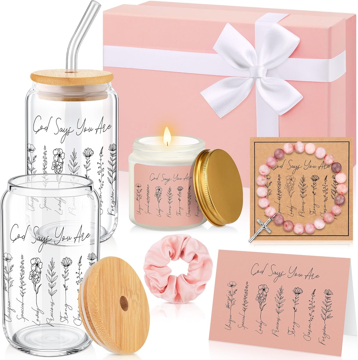 Vesici 8 Pcs Christian Gifts for Women God Says You Are Religious Sister Faith Spiritual Inspirational Gift Box Set for Mom Female Coworker Girl Birthday(Pink)