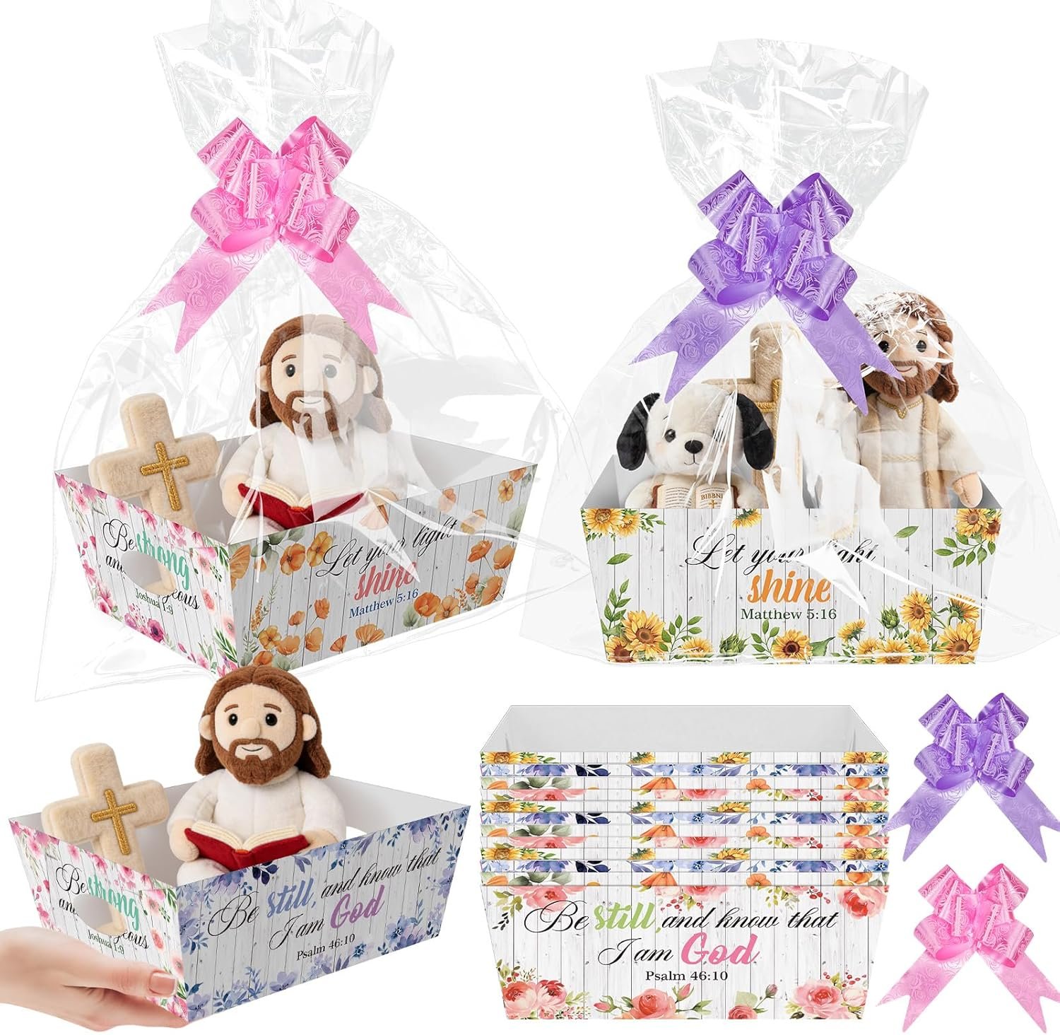 Cinrobiye 12 Set Mother’s Day Religious Gift Basket Kit Christian Faith Favor Boxes with Cross & Bible Verse Design Church Event Wrapping Set with Bags and Pull Bows for Baptism Easter Supplies