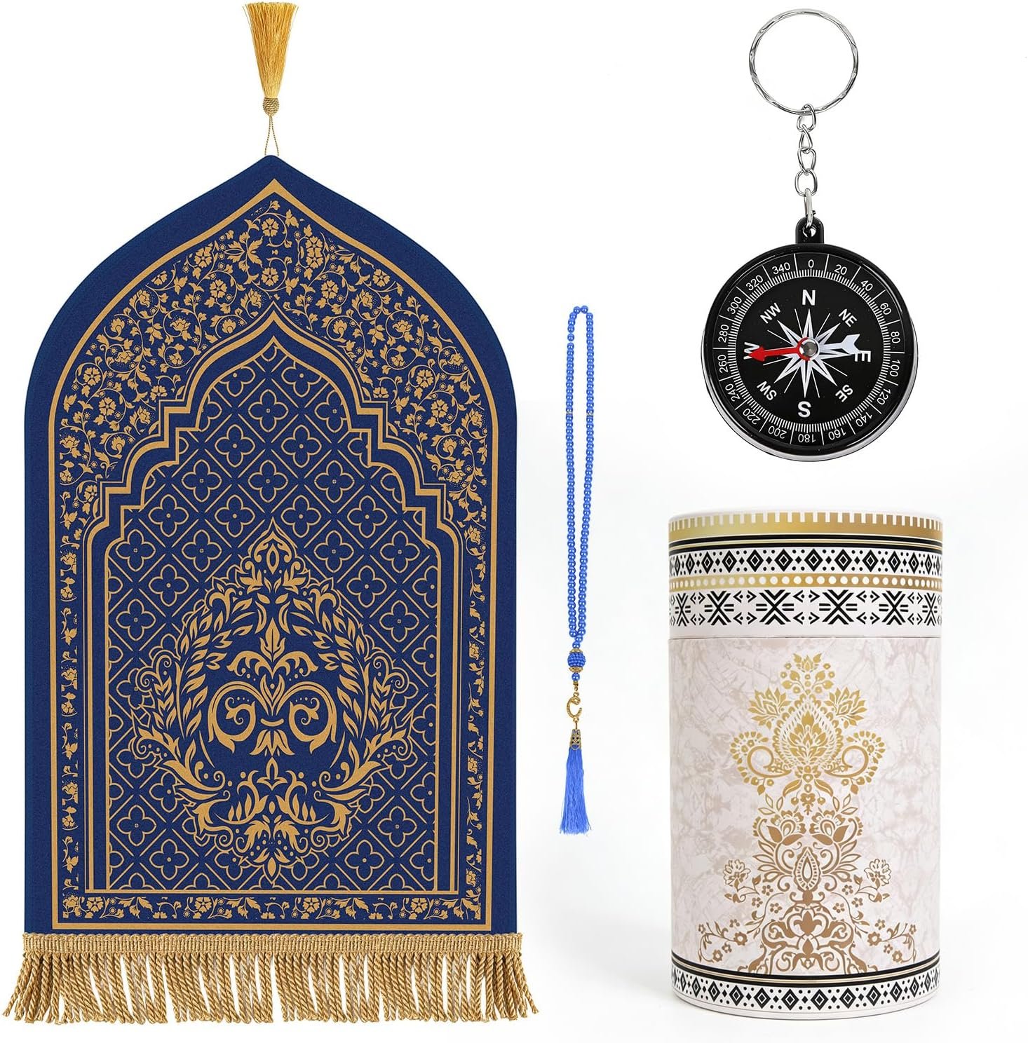 Prayer Mat Ramadan Gifts – Blue Prayer Rug Islamic Praying Tasbih Beads Compass, Muslim Praying Carpet for Men Women Eid Salah Meditation Namaz, Gifts for Eid Ramadan