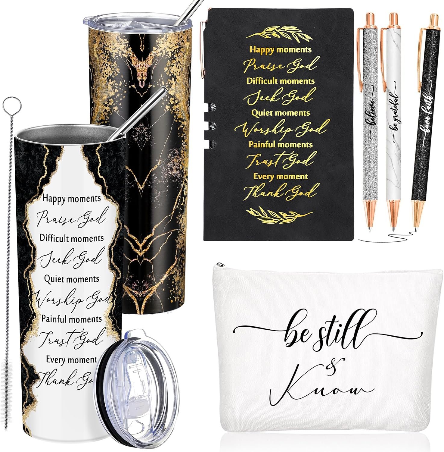 Domensi 6 Pcs Fathers Day Christian Gifts for Women Men 20 oz Tumbler Marble Sign Makeup Bag A6 Notepad with Ballpoints Religious Gift for Mom Dad Men Grandma Godmother Sunday School Church(Black)
