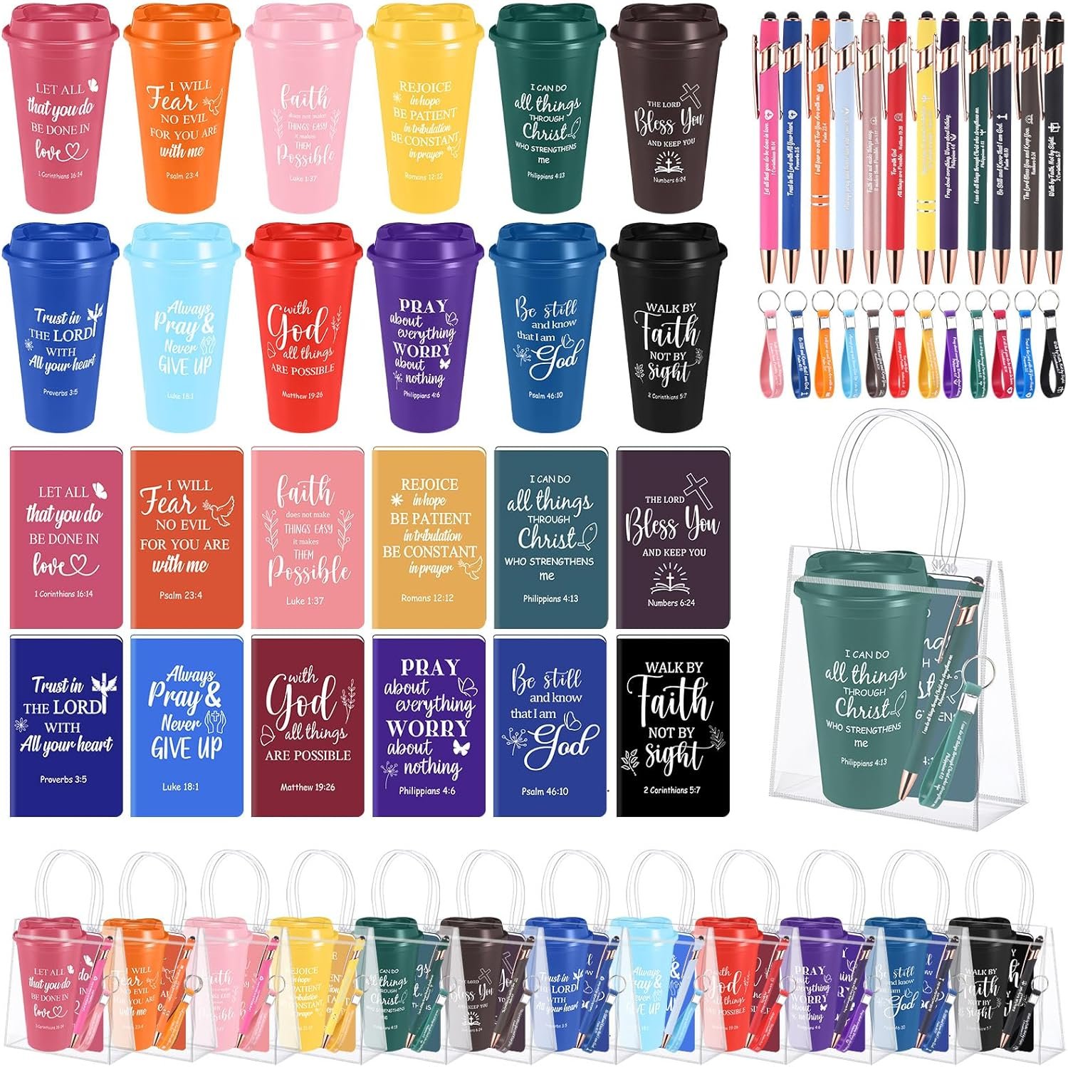 12 Set / 60 Pcs Christian Church Gifts Bulk for Women Catholic Religious 16oz Scripture Cups Bible Verse Pens Notebooks Bracelet Keychain with PVC Bags for Women Church Members(Vibrant Color)