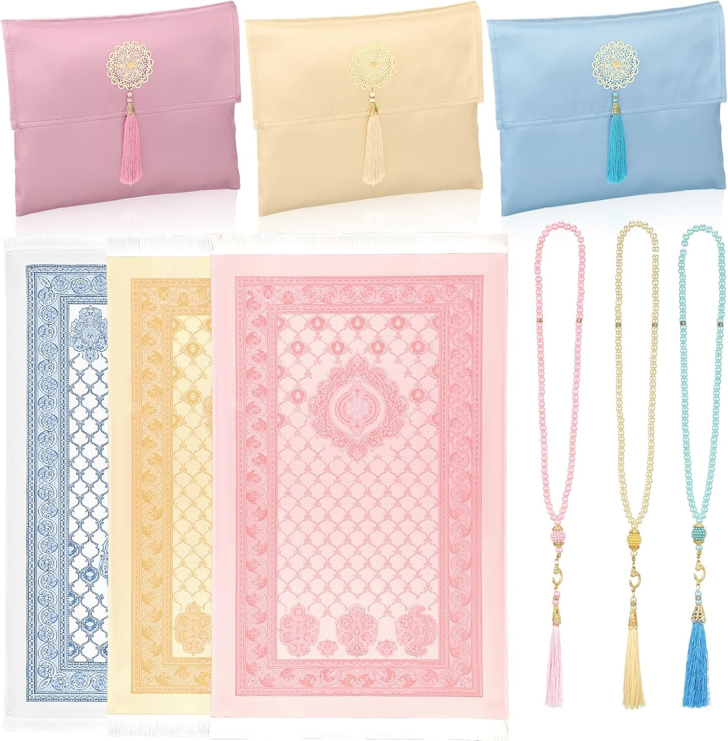 Breling 3 Pack Muslim Prayer Rug with Tasbih and Portable Bag Muslim Gift for Women Men Prayers Carpet Mat Mubarak Islamic Gifts Set for Eid al-Adha Hajj Ramadan Travel Pray