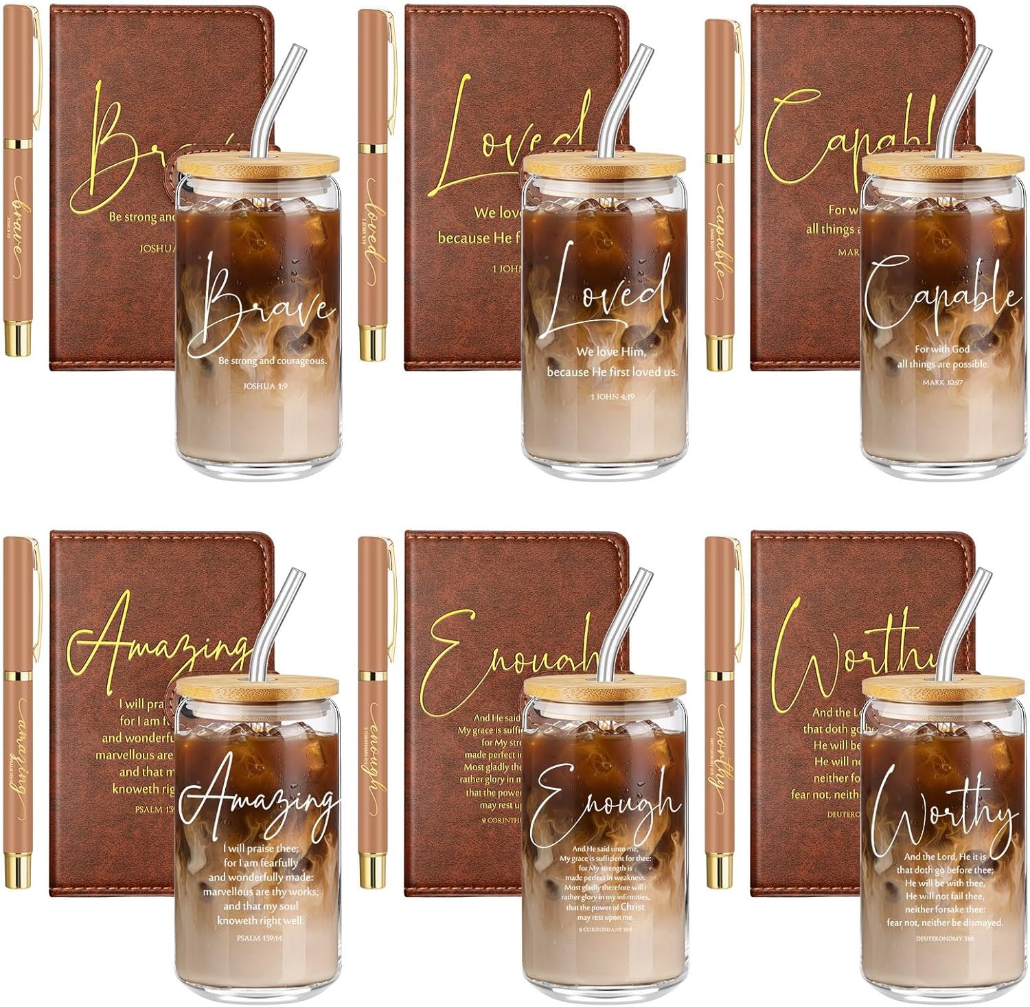 AmazingSpark 18 Pcs Inspirational Christian Gift Bulk for Men Women 16 Oz Glass Cups with Lid Straw Notebook Leather Prayer Journal Pen Religious Church Member Bible Study Gift (Bible Words,Brown)
