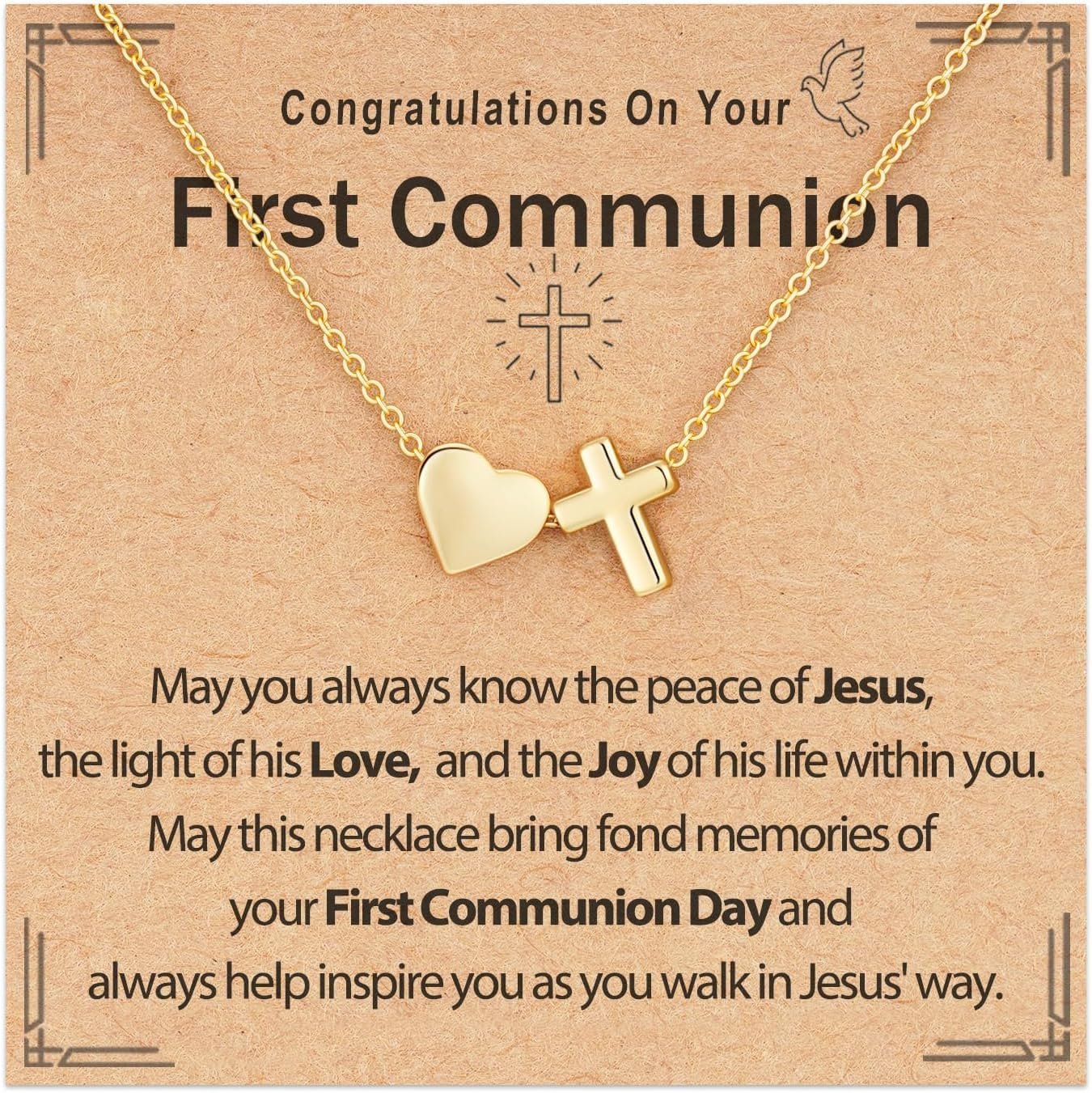 Confirmation First Communion Baptism Gifts for Girls, 14K Gold Plated Heart Cross Necklace for Daughter Granddaughter Niece Sister Christian Religious Gifts 16+3 Inches