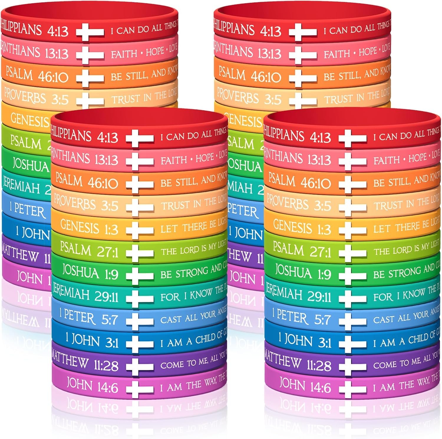 120pcs Christian Rubber Bracelets Bulk Bible Verse Cross Scripture Silicone Wristbands Christian Gifts for Sunday School Prizes Bible Silicone Bracelets – 7.5″ 12 Designs （Rainbow Colors）