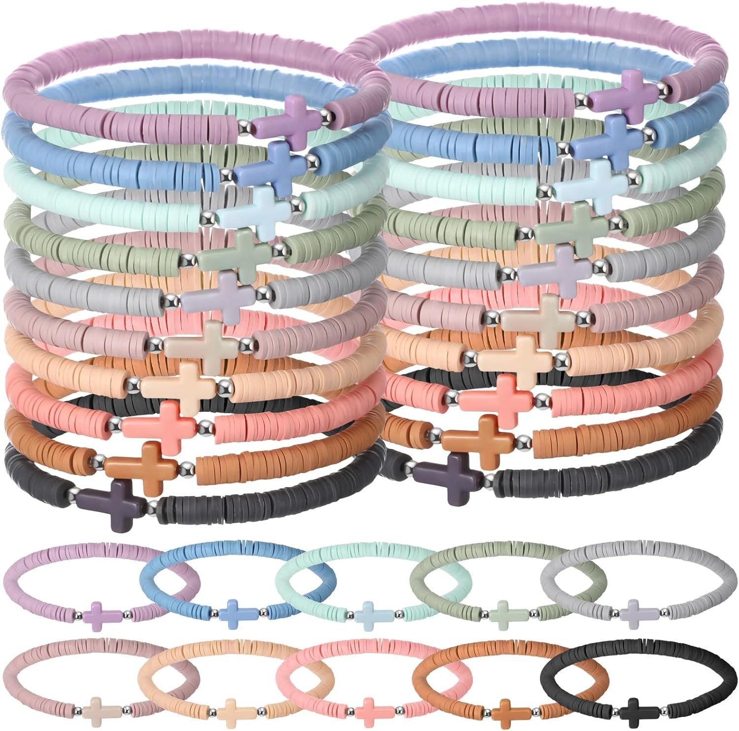 Landical 30/50 Pcs Cross Bracelets Bulk Jesus Bracelets Handmade Elastic Colorful Polymer Clay Bead Religious Wristbands Christian Wristband for Women Kid Easter VBS Gifts