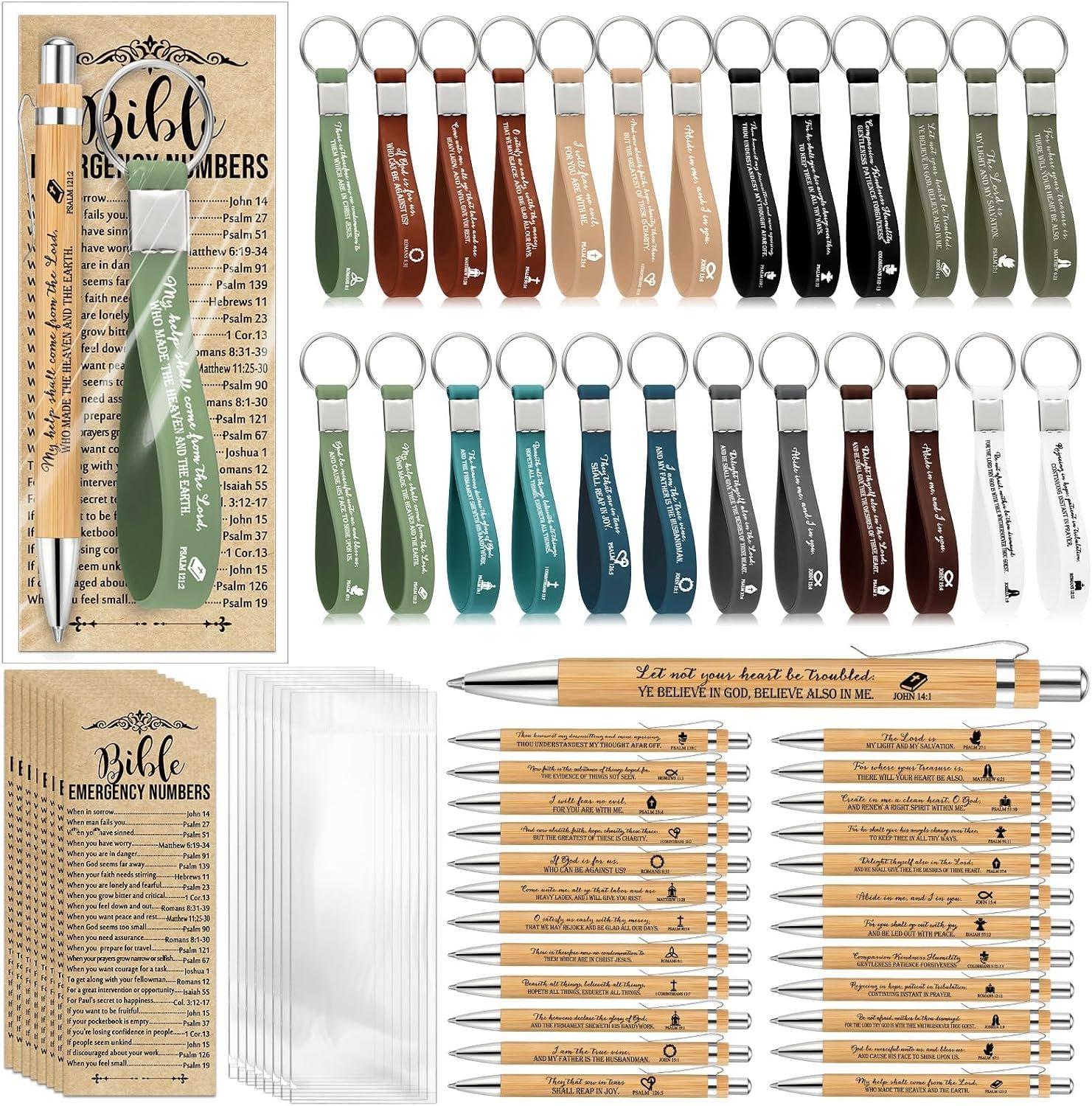 Feifeiya 25 Sets Father’s Day Christian Gift Bulk Bible Verse Bamboo Pen Religious Silicone Keychain Scripture Bookmark Emergency Numbers Church Gift for Coworker Women Men (Classic Color, English)