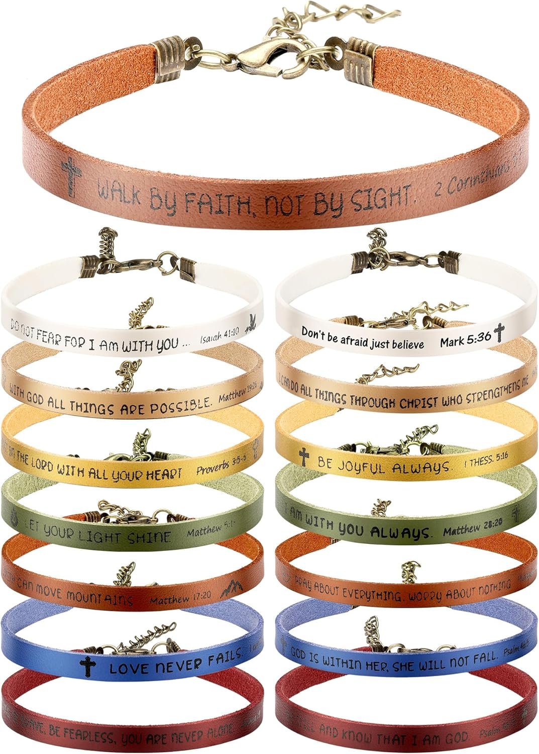 Sureio 15 Pcs Christian Gift Bracelets for Women Men Inspirational Leather Religious Bible Verse God Faith Scripture Bracelet