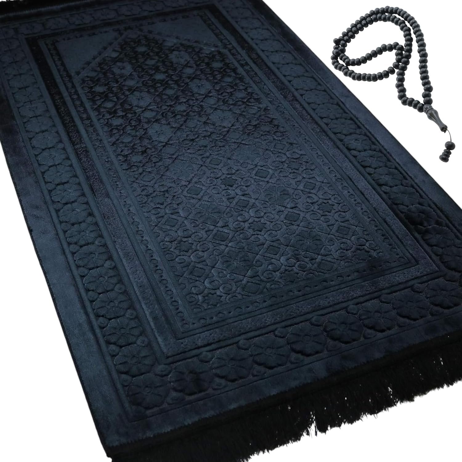 Modefa Velvet Prayer Rug – Soft Plush Turkish Janamaz Sajada Carpet for Men and Women – Plain Solid Prayer Mat Ramadan Eid Gift – with Prayer Beads – Luxury Floral Stamp (Black)