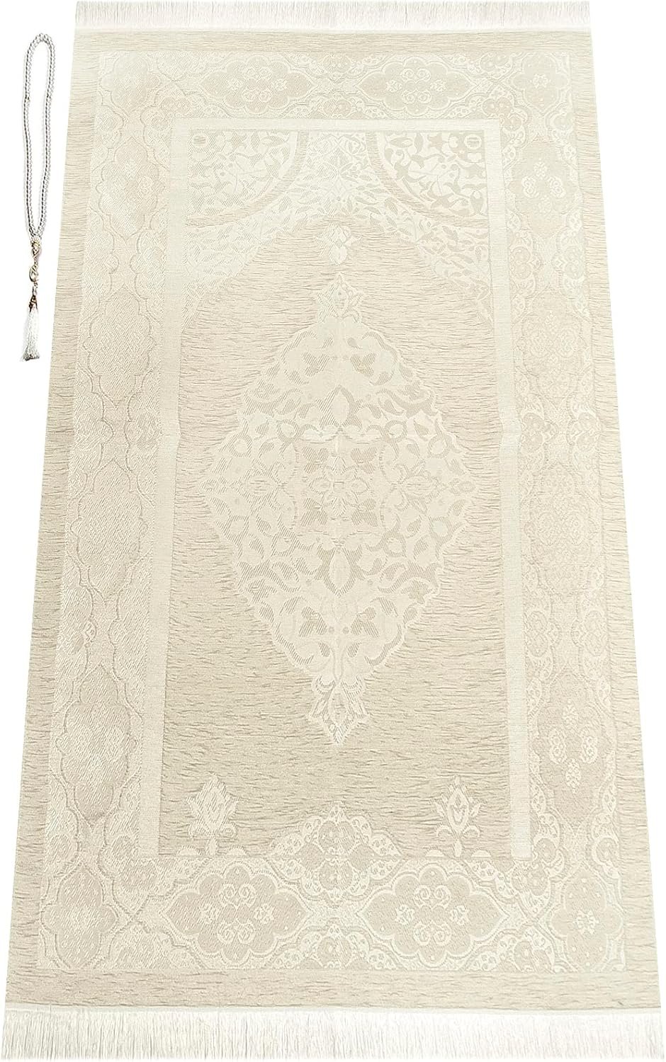 ihvan online Muslim Prayer Rug with 99 Beads Tasbih, Soft Chenille Sajadah, Lightweight & Foldable Janamaz, Portable Travel Prayer Mat, Islamic Gift for Eid, Ramadan, Hajj & Umrah, Cream
