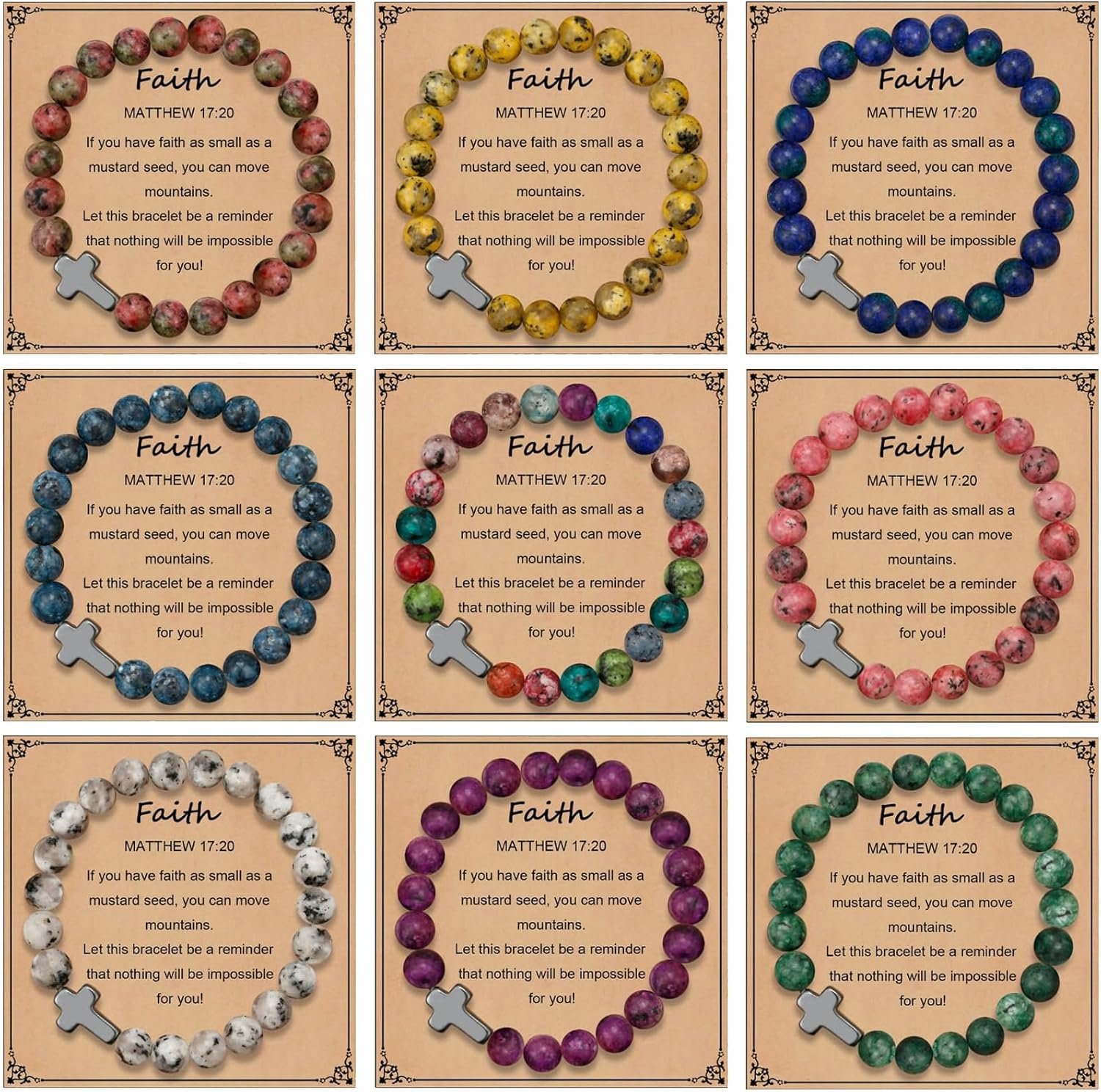BROCC 9Pcs Cross Bracelets for Women Men Religious Cross Beaded Bracelet Christian Faith Gifts for Women Mother Girlfriend Grandma Wife with Prayers Card