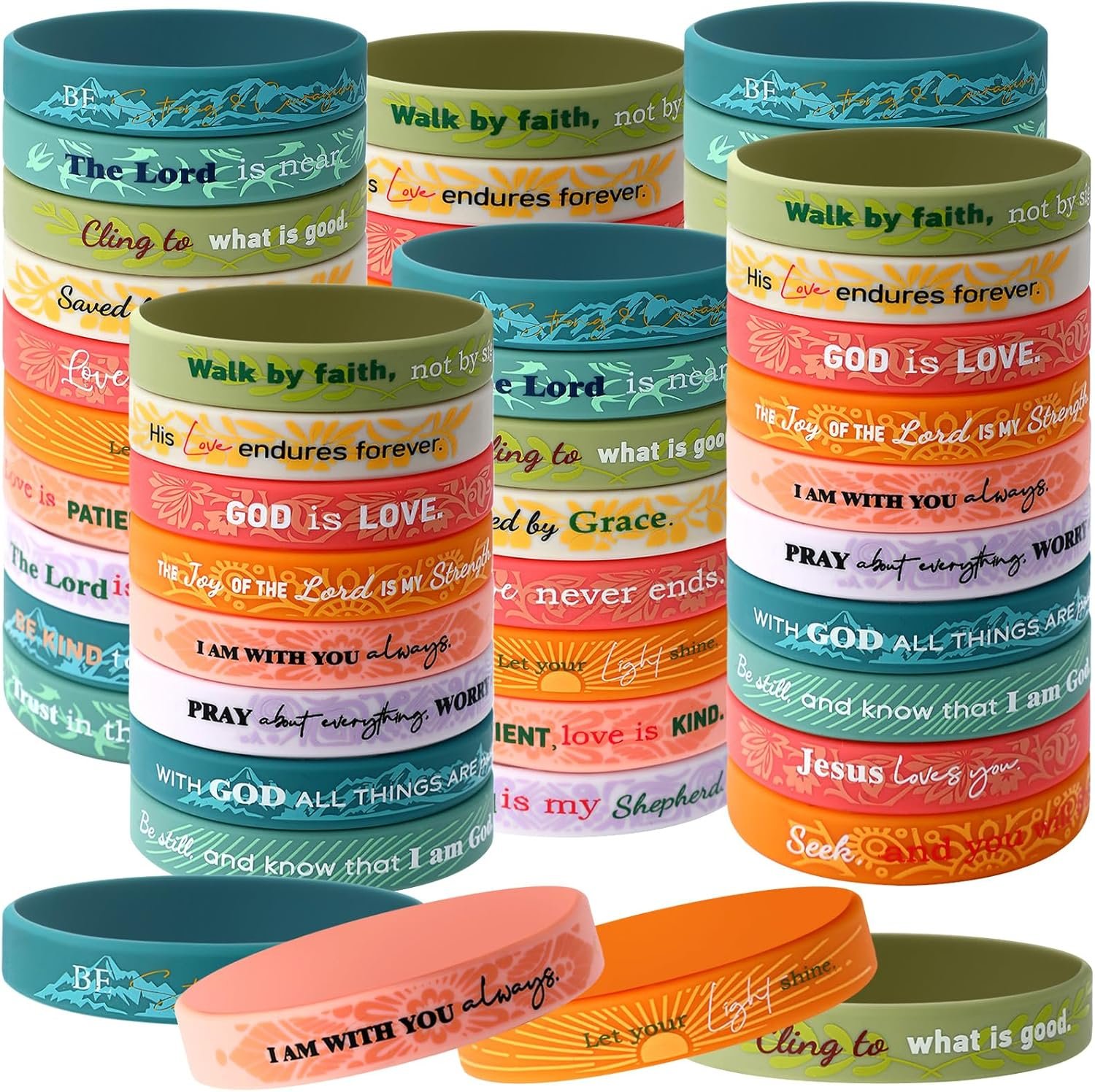 Bucherry 60 Pcs Christmas in July Christian Bracelets Bulk Rubber Bible Verse Bracelets Christian Silicone Jesus Religious Wristbands for Men Women Party Favors