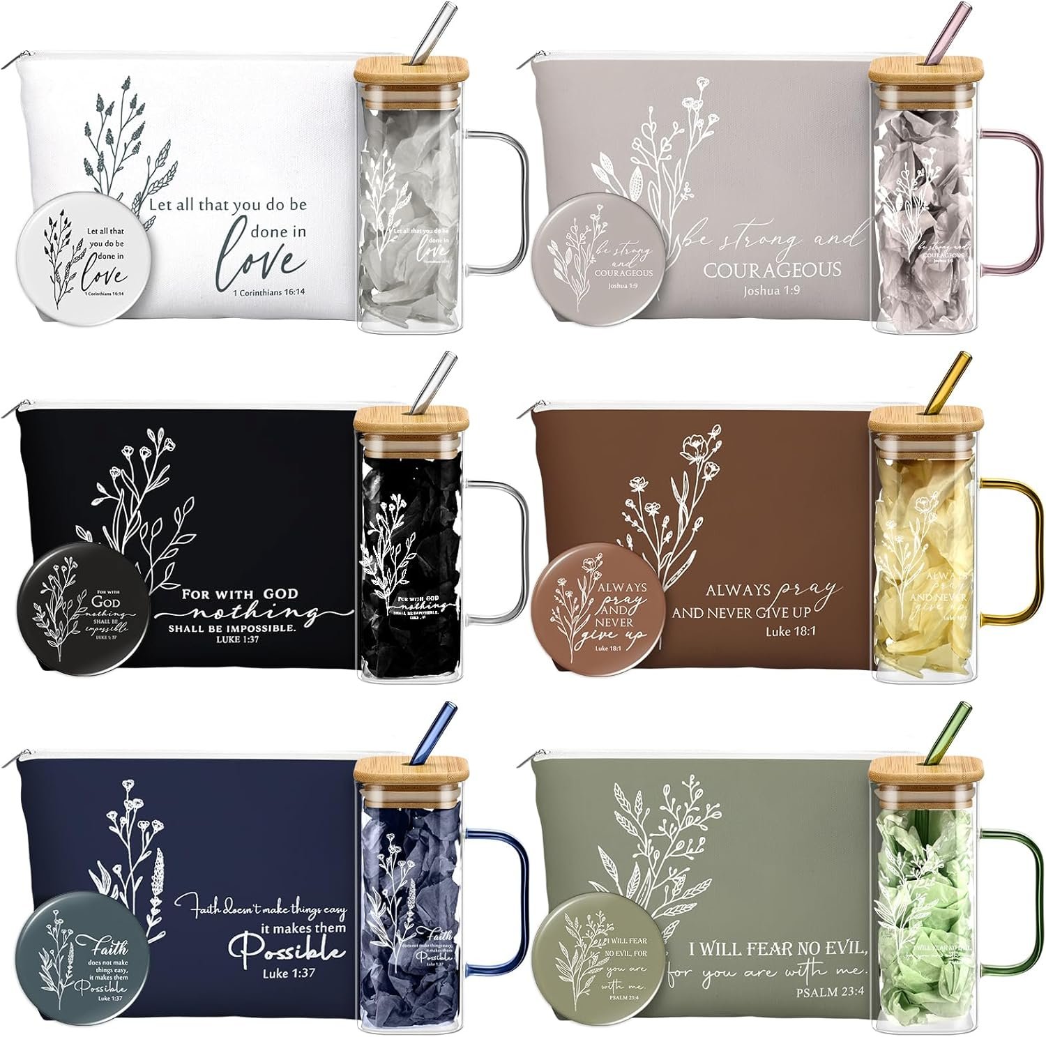 Fumete 6 Sets Christian Appreciation Gift for Women Bible Verse Flower Makeup Bag Gifts Religious Coffee Cup with Handle Bamboo Lid Straw Mini Compact Mirrors for Mothers Day Church Coworker
