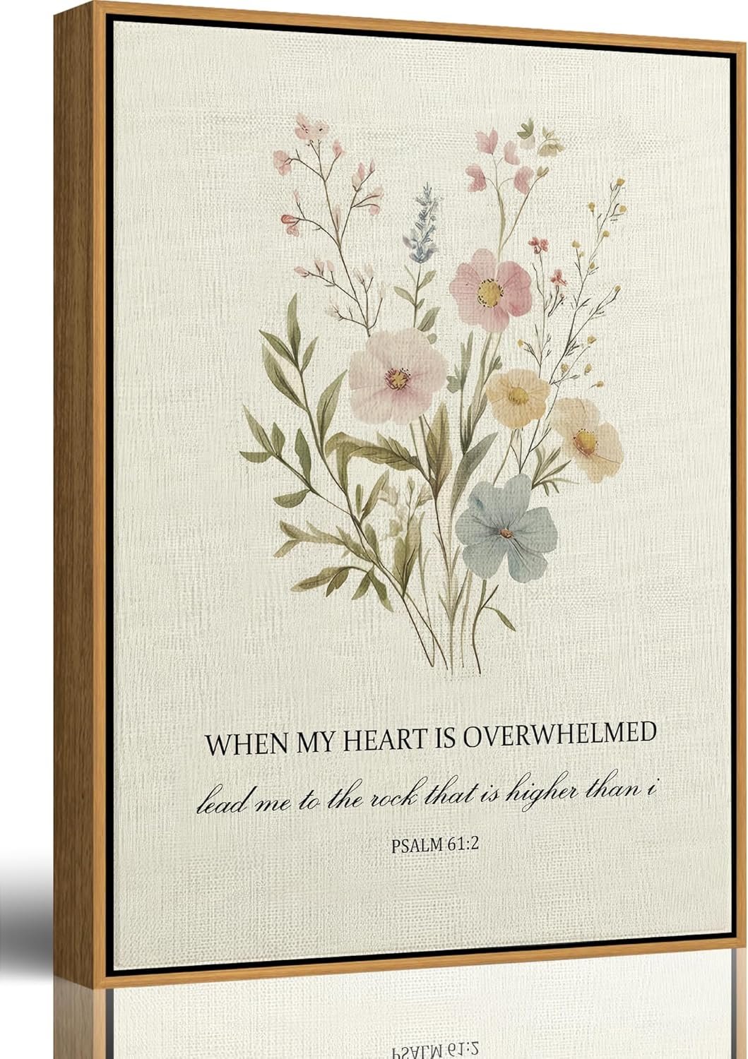 When My Heart is Overwhelmed – Psalm 61:2 Framed Canvas Wall Art, Watercolor Wildflower Bible Verse Print, Christian Religious Wall Decor for Bedroom Living Room, 8×10 Inch Natural Wood Frame