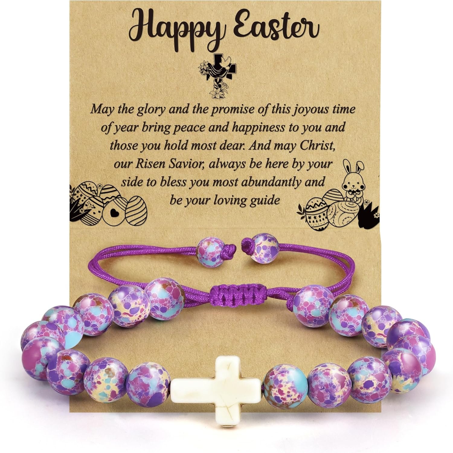 Easter Basket Stuffers, Easter Cross Bracelet Gifts for Girls Teens Women, Adjustable Stone Beaded Christian Bracelet with Cross Charm, Easters Card & Velvet Pouch