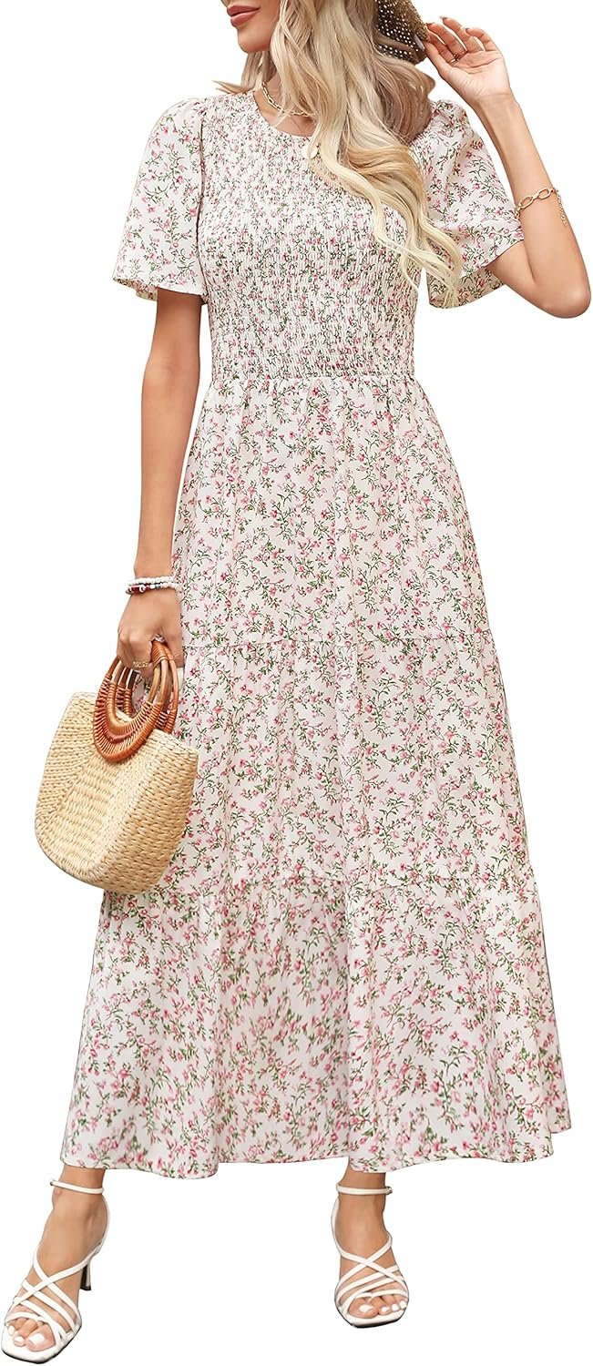 Maggeer Womens 2026 Summer Spring Smocked Wedding Guest Maxi Dress Casual Short Sleeve Floral Boho Flowy Long Dress