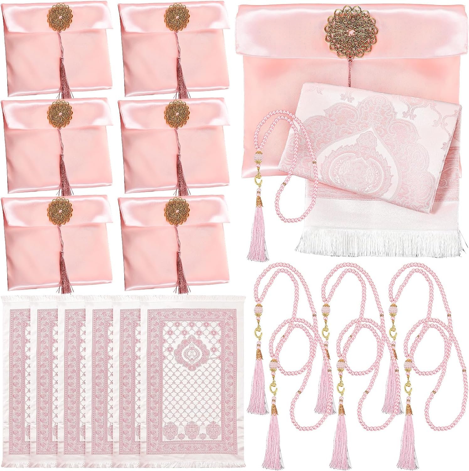 Dunzy 6 Sets Pink Muslim Prayer Mat Rug with Prayer Beads and Portable Bag Muslim Gift for Women Men, Tasbih, Janamaz, Mubarak Islamic Gift, Eid Ramadan Party, Sajadah for Ramadan Eid Hajj Travel Pray