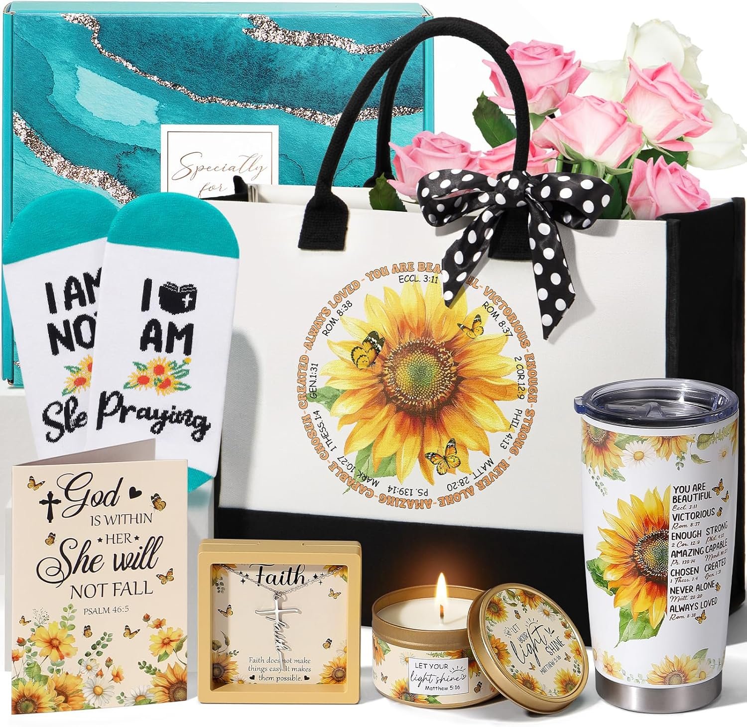 Christian Gifts for Women Faith, Sunflower Inspirational Religious Gifts for Women, Catholic Spiritual Gift, Birthday Mothers Day Gift for Mom Sister Best Friends Coworker Teacher Grandma w/ Tote Bag