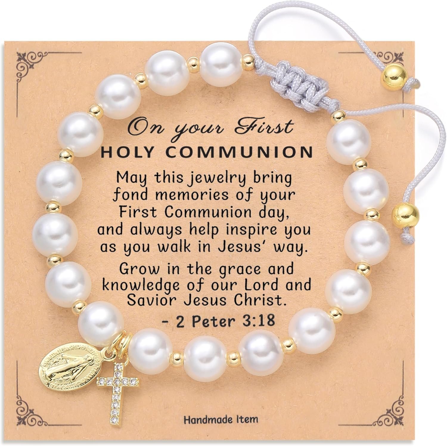 GINAZL First Communion Gifts, Virgin Mary Pearl Bracelet 14K Gold Plated Charm Bracelets Rope Adjustable Cross Bracelet