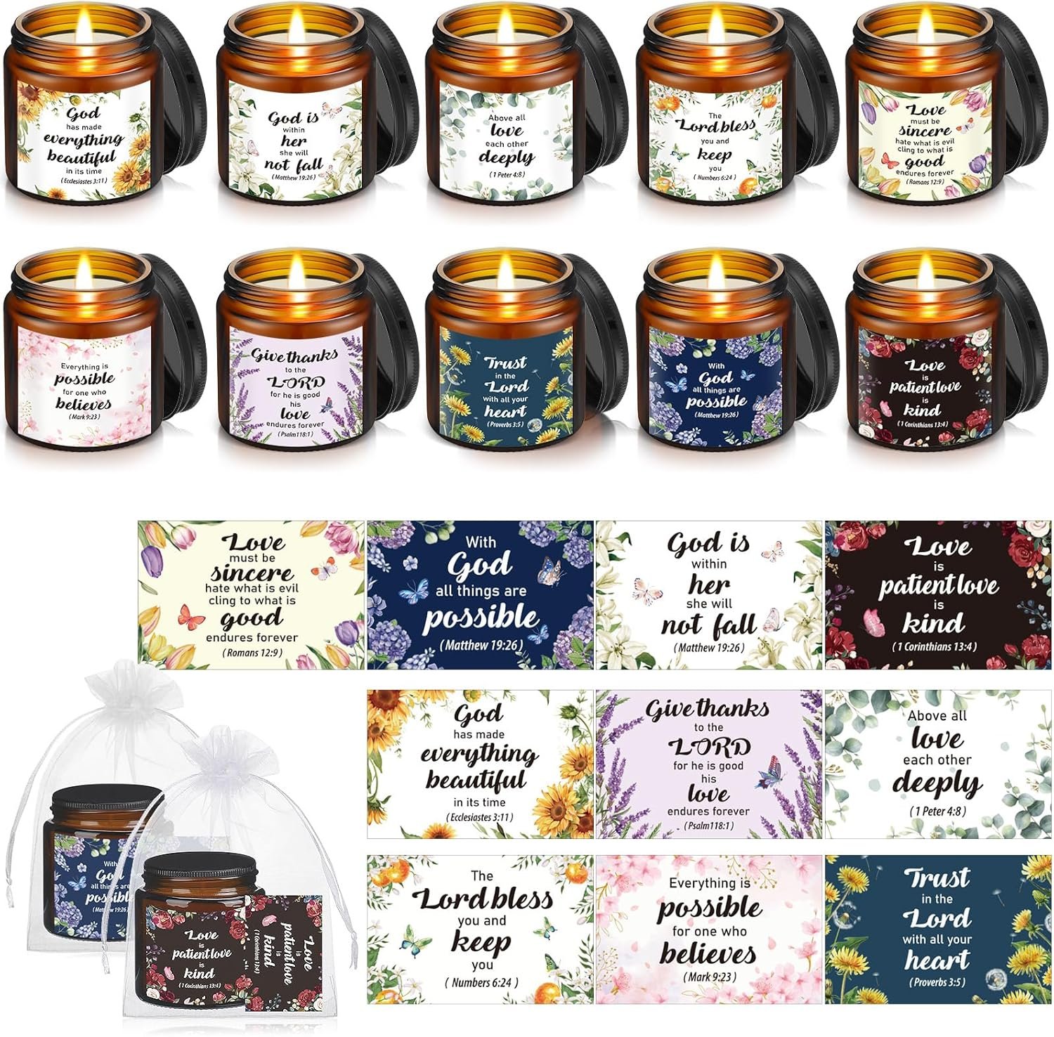 Landhoow 30 Pcs Christian Gifts for Women, 10 Pcs Scented Religious Bible Candles 10 Floral Verses Cards and 10 White Organza Bag for Women Christmas Birthday Wedding Party Gift Supplies Favor