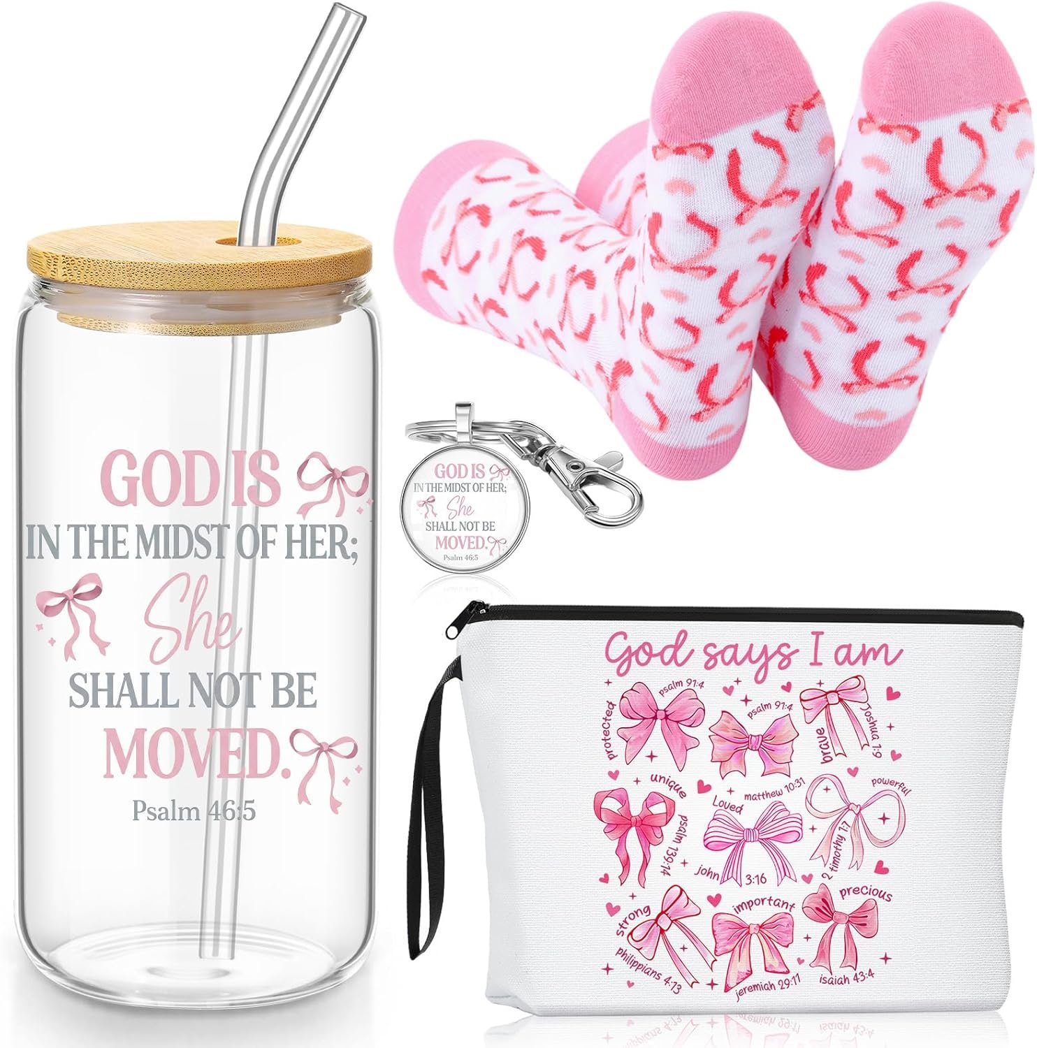 Sadnyy 4 Pcs Christian Baptism Gifts for Girls 1 Glass Tumbler with Lids and Straw 1 Pink Bow Makeup Bag 1 Bible Keychain 1 Pairs Socks for Church Women Mother’s Day First Communion Christening Gifts