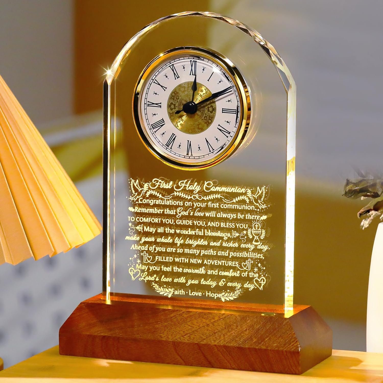 Ornalrist First Holy Communion Gifts for Girls Boys, Glass Clock for First Communion Baptism Gifts for Granddaughter Goddaughter with Wooden Light Base, Christening Christian Gift Ideas