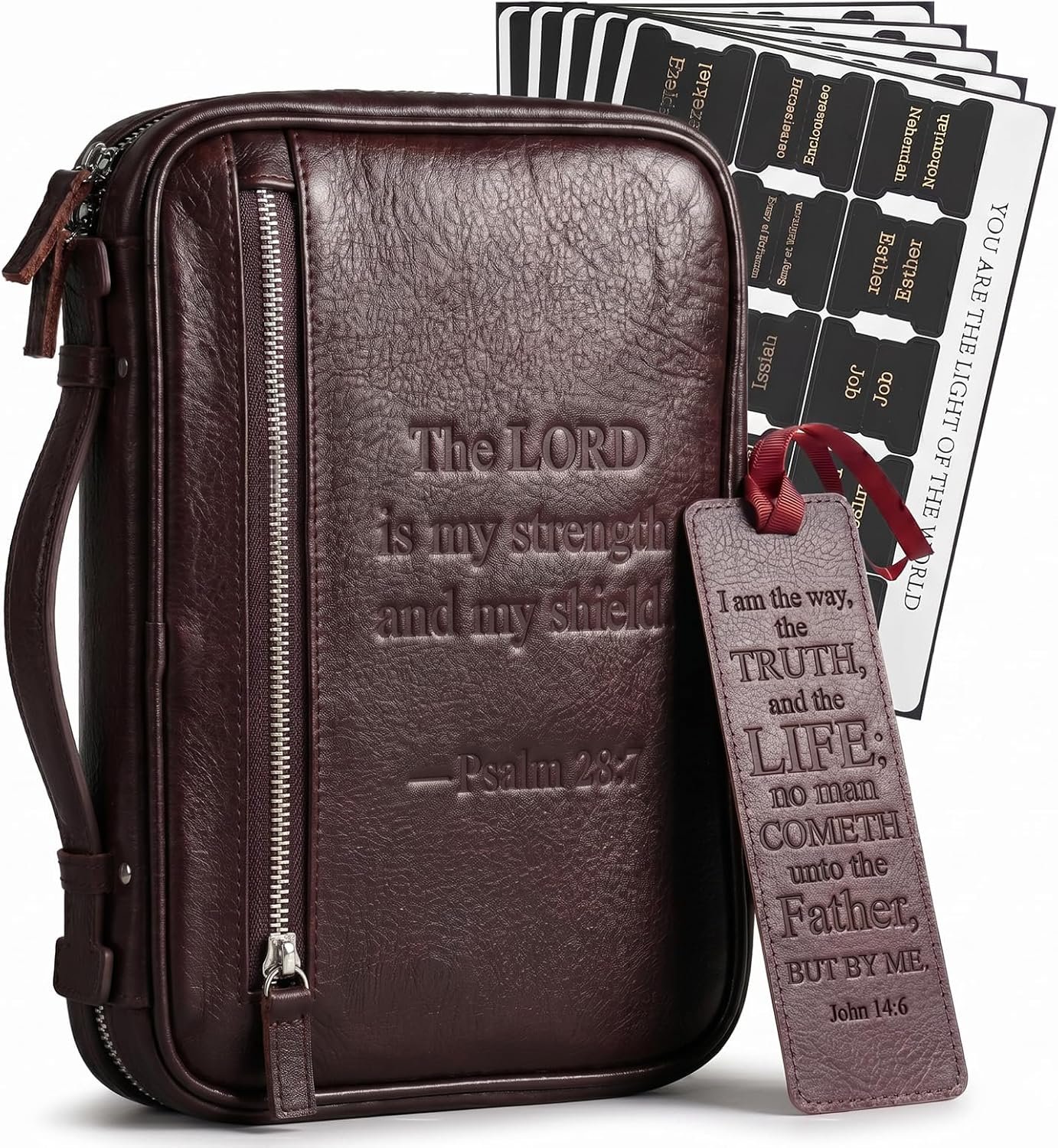 Full Grain Leather Bible Cover for Men, Soft Leather Mens Bible Protective Book Holder Carrying Cover Case for Women Men with Handle Zippered Pocket