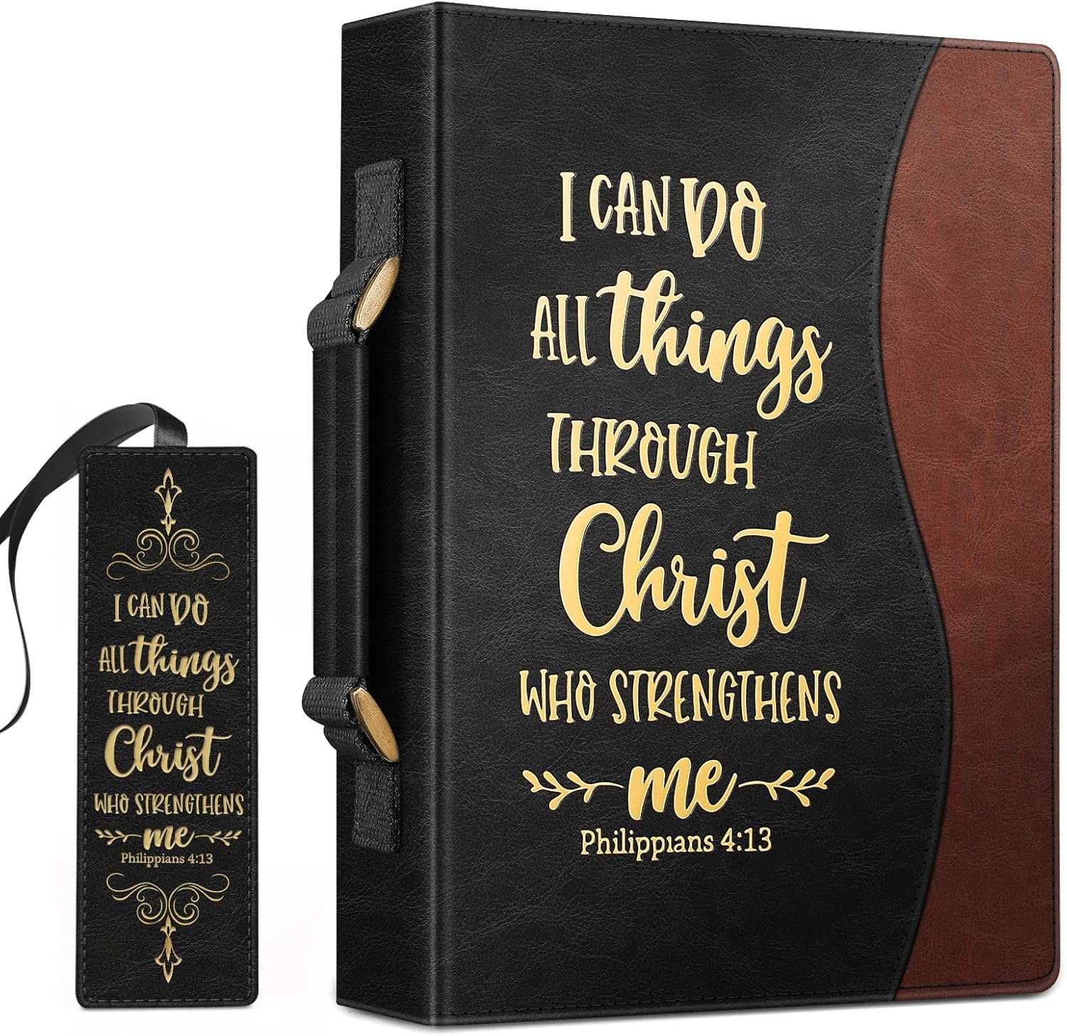 FINPAC Large Classic Bible Cover Vegan Leather Carrying Book Case Church Bag Bible Protective with Handle, Gift for Men, Women, Father, Mother, Friends, Black w/Hot Stamping