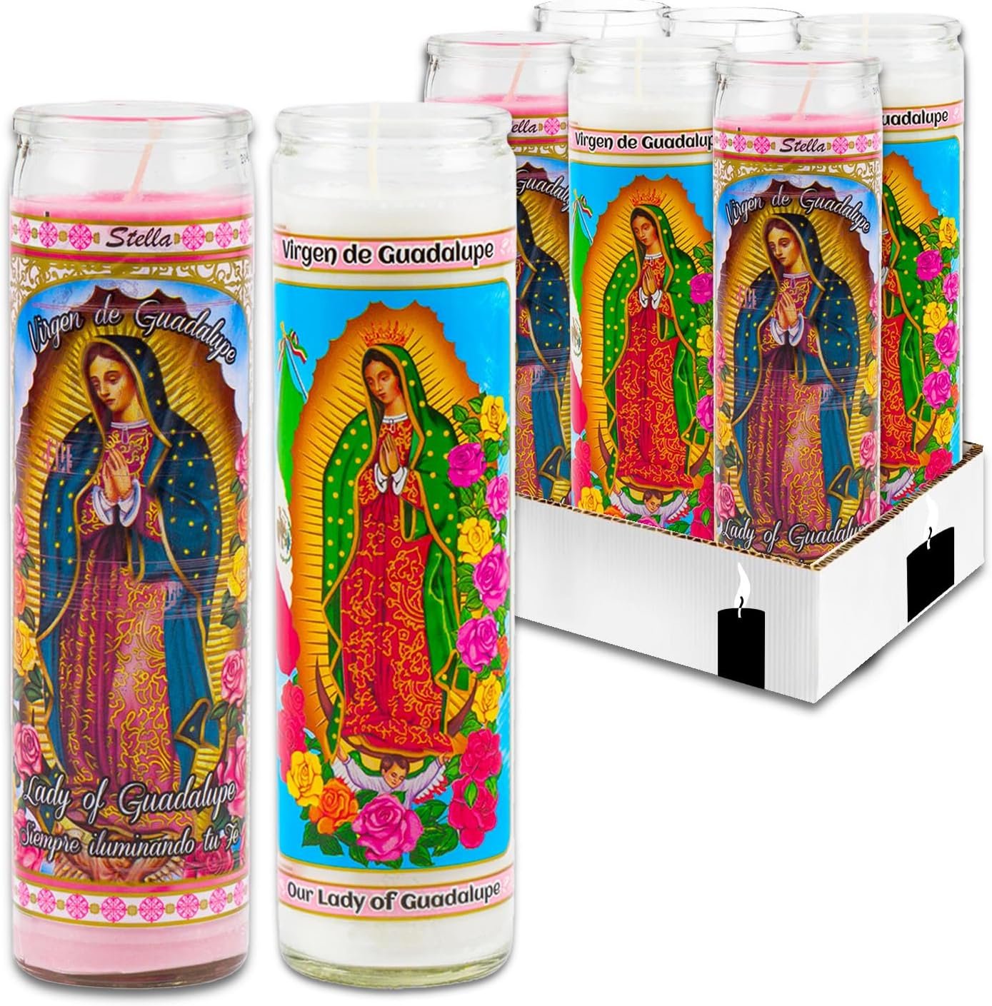 Our Lady of Guadalupe Devotional Candle 6 Pack – 6 Lady of Guadalupe Glass Prayer Candles for Vigils, Prayers, Blessing, Religious Ceremonies | Unscented Religious Candles