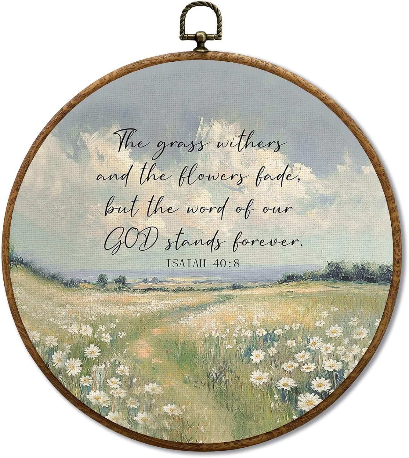 JUIOEIU Christian Round Wall Decor, Bible Verse Isaiah 40:8 Rustic Wildflowers Framed Canvas Prints, Religious Scripture Wall Art Hanging Decorations for Home Bedroom Living Room Decor, 10x10in