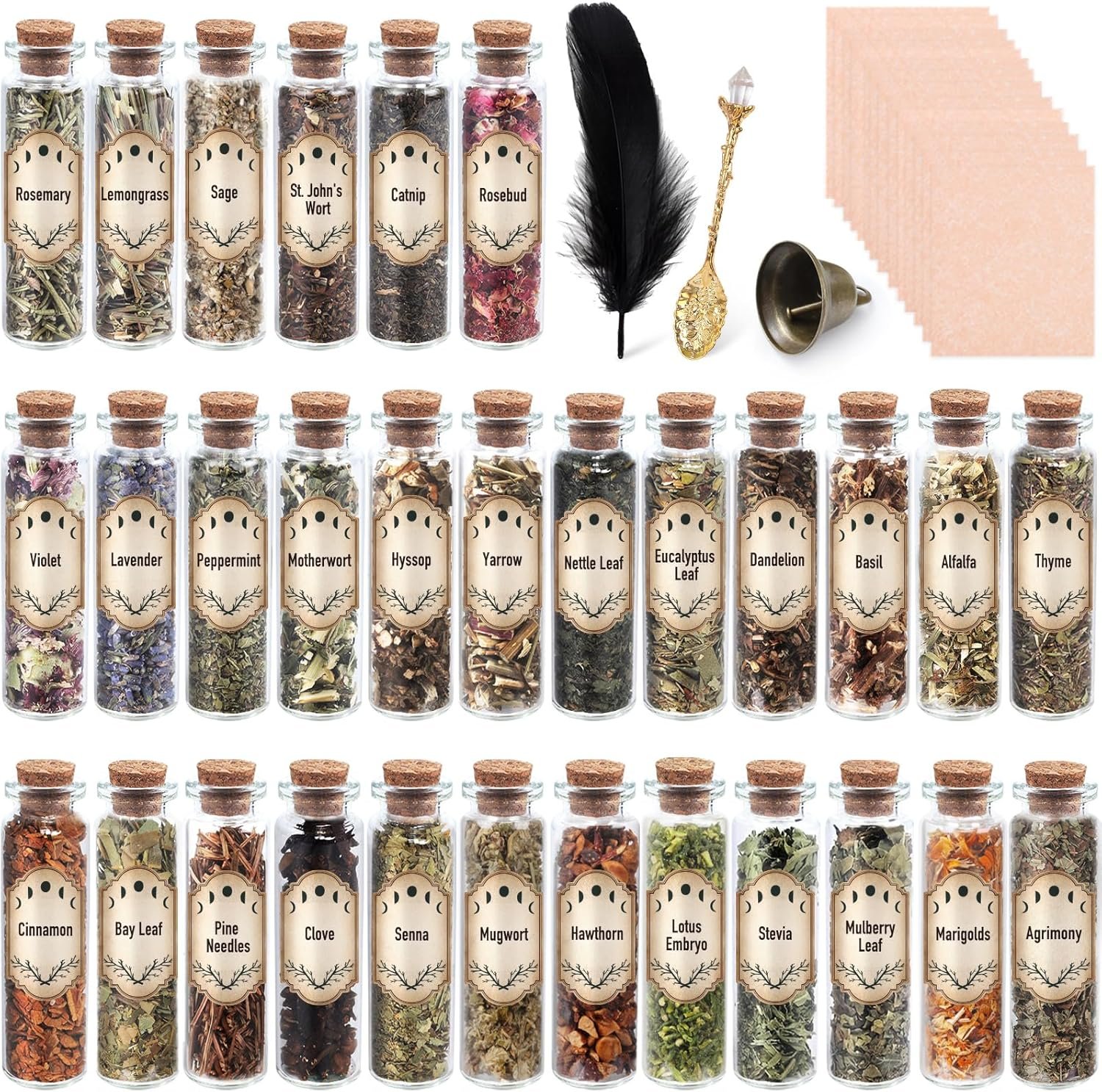 30 Pack Witchcraft Supplies Herbs, Dried Herbs and Flowers Bottles Kit for Witch Beginner, Wiccan, Wicca Altar Supplies, Magic Spell, Candle and Soap Making, with Witchy Spoon, Bell and More