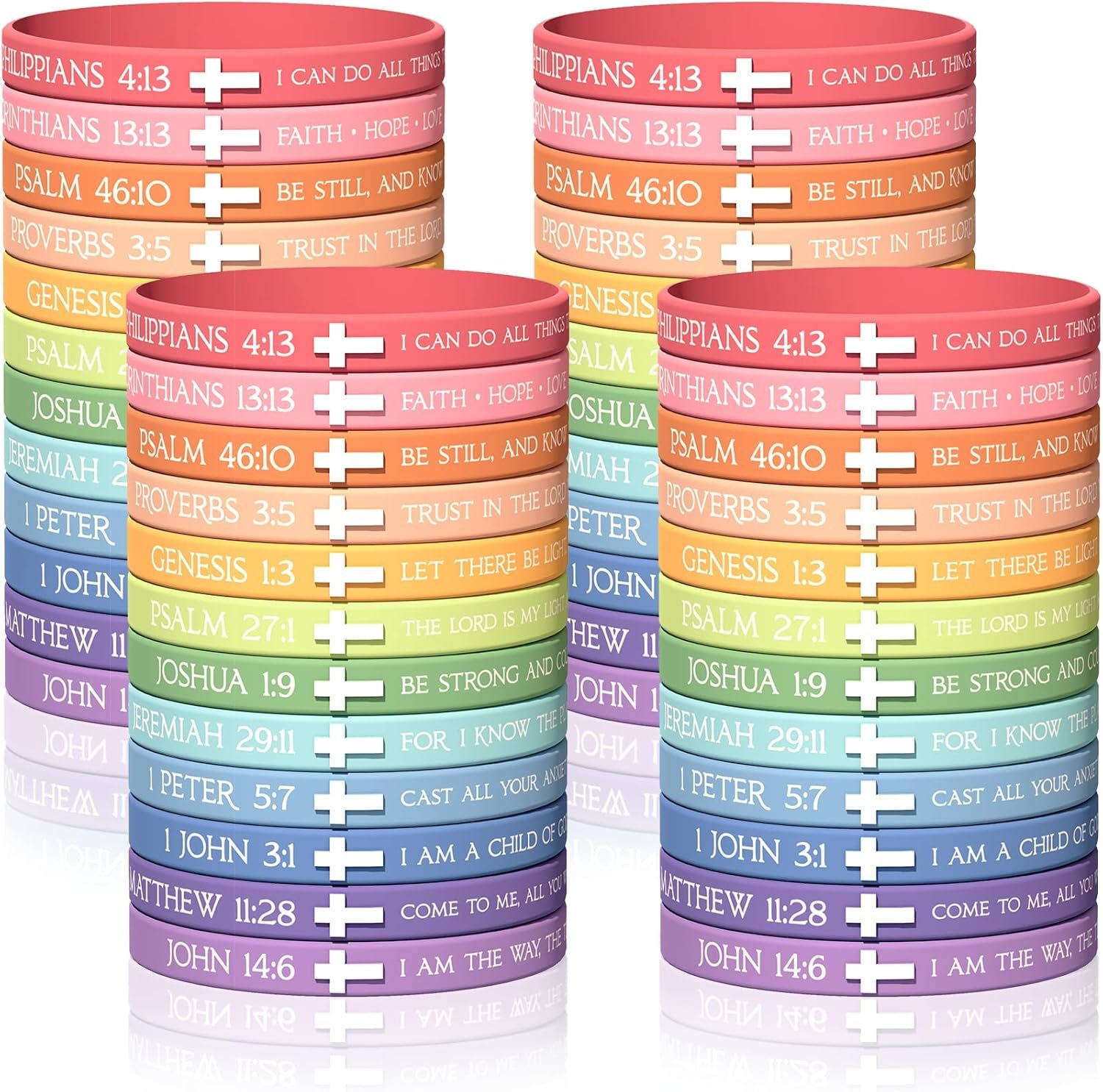 120Pcs Bible Verse Rubber Bracelets Bulk Christian Scripture Cross Silicone Wristbands Bracelet for Women Religious Gifts for Church Members Bible Bracelets- 7.5″ 12 Designs （Pastel Colors）